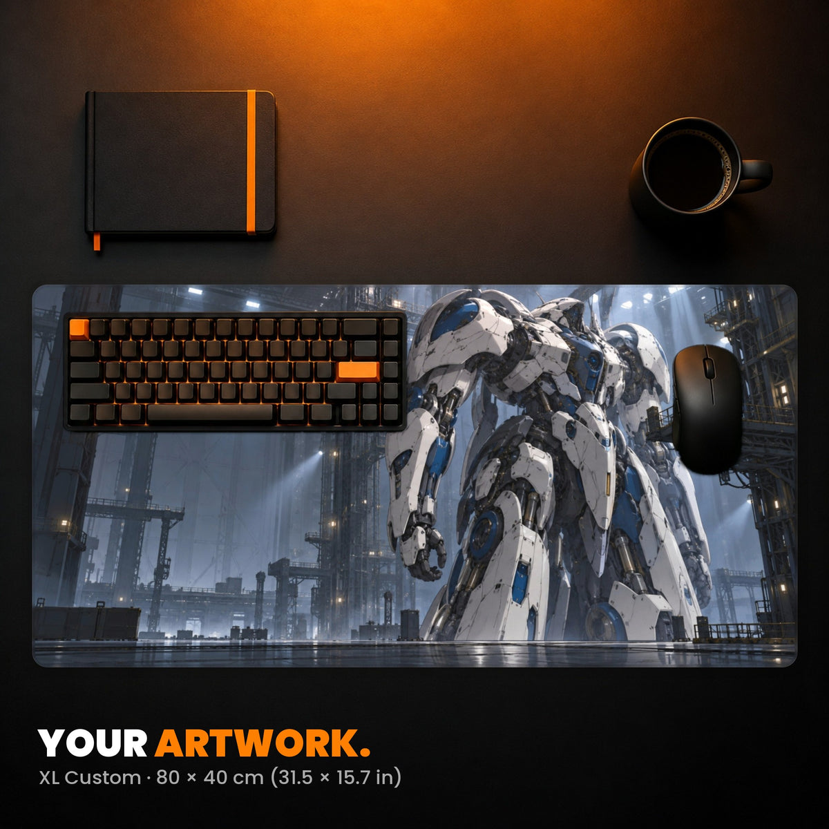 XL Custom Gaming Desk Pad - example: anime-style art of a giant robot in a hangar