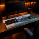 XXL Custom Gaming Desk Pad - example: a mountain lake photo, shown in a full desk setup
