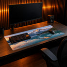 XXXL Custom Desk Pad - example: a mountain lake photo, shown in a full desk setup