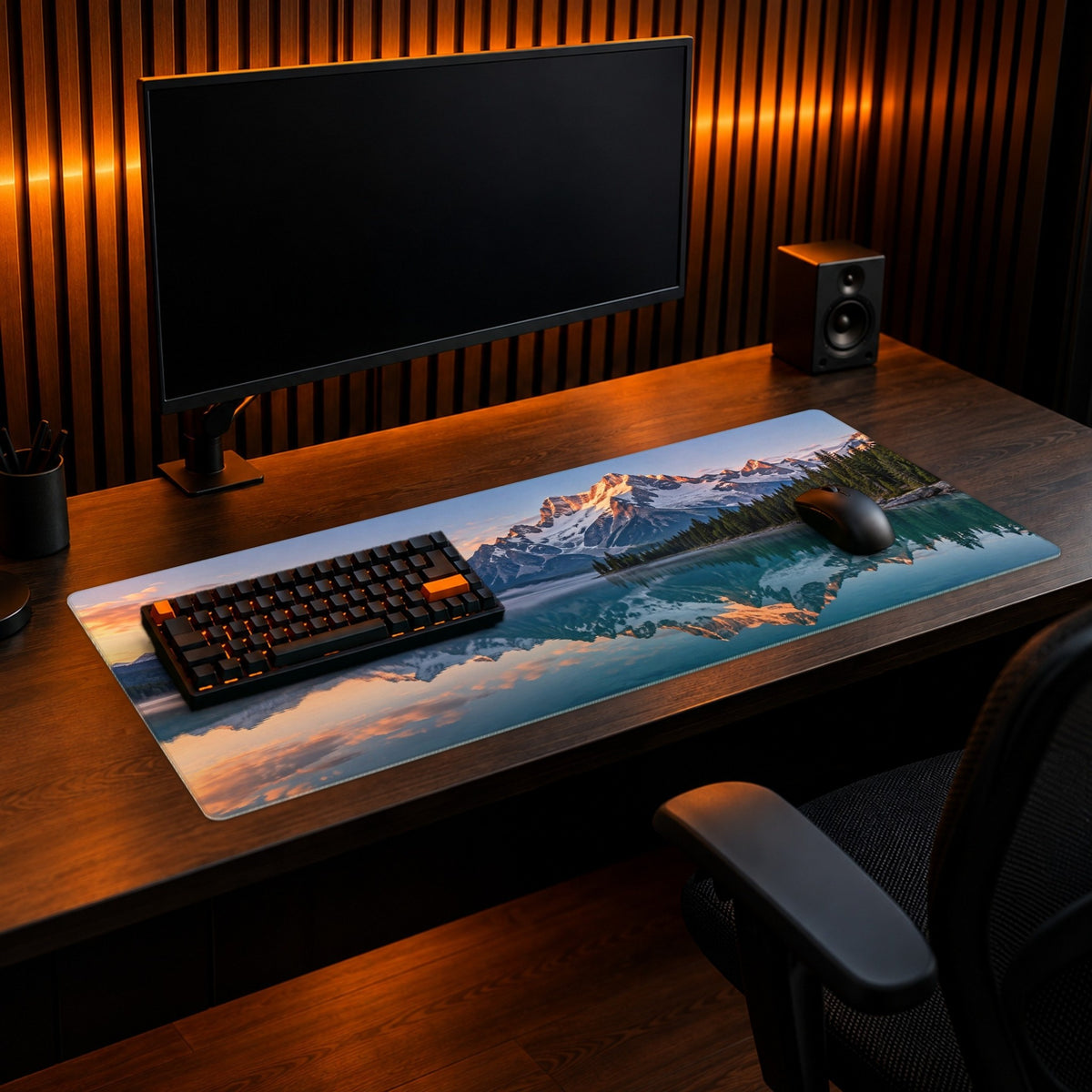 XXXL Custom Desk Pad - example: a mountain lake photo, shown in a full desk setup