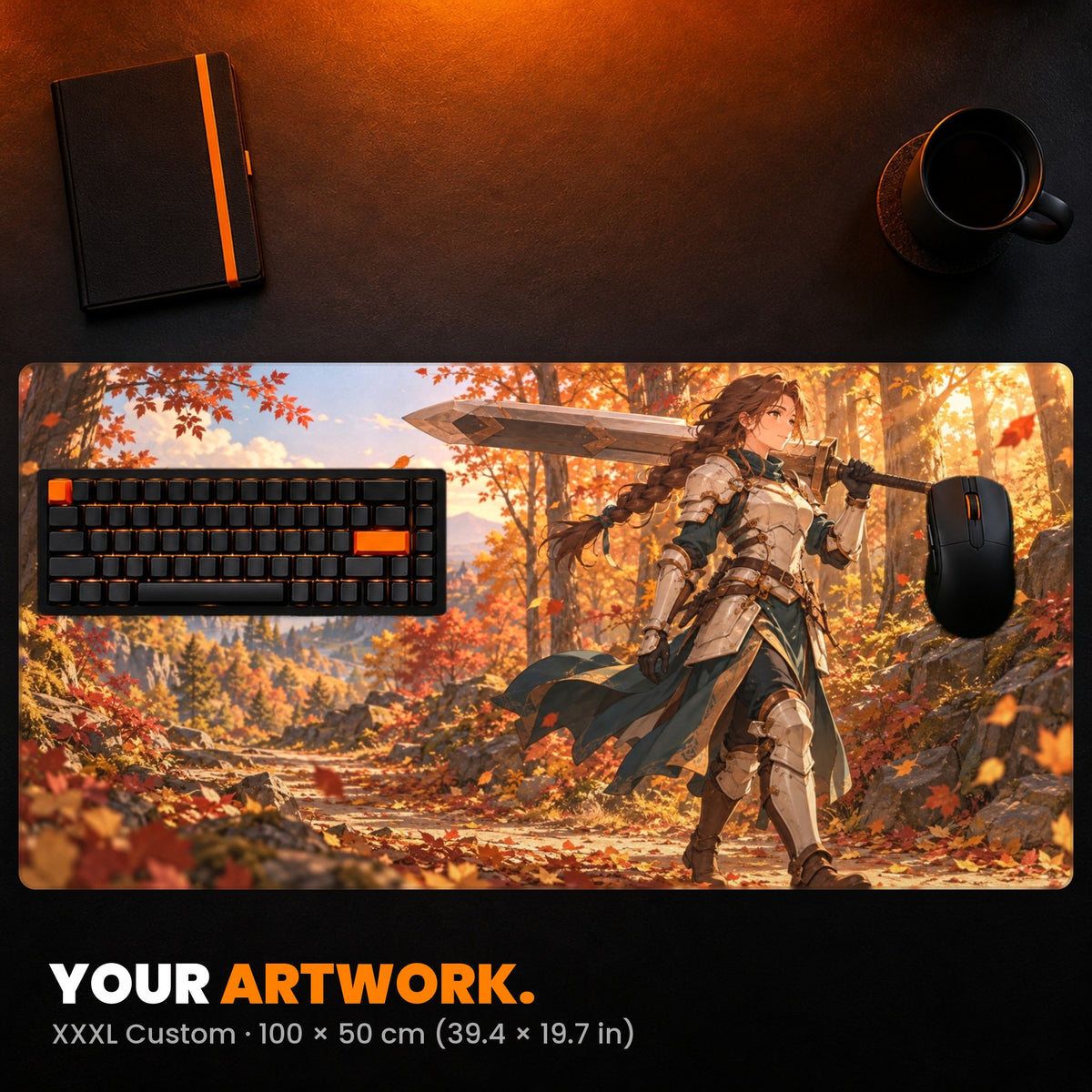XXXL Custom Desk Pad - example: anime-style art of a warrior in an autumn forest