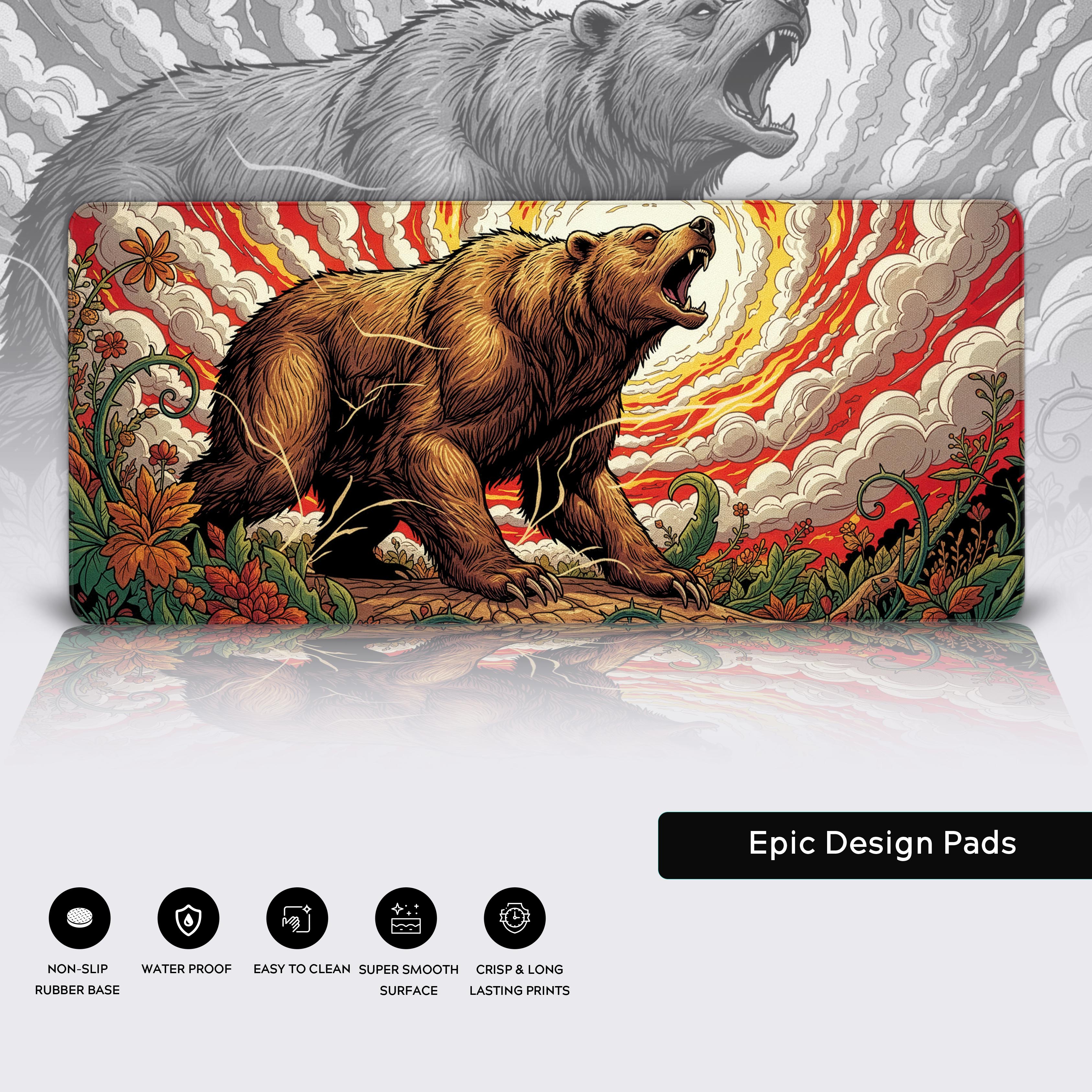 Close-up of the Bear's Path desk mat showing the detailed woodcut art, durable stitched edges, and non-slip rubber base for stability. - Epic Design Pads & Mousepads