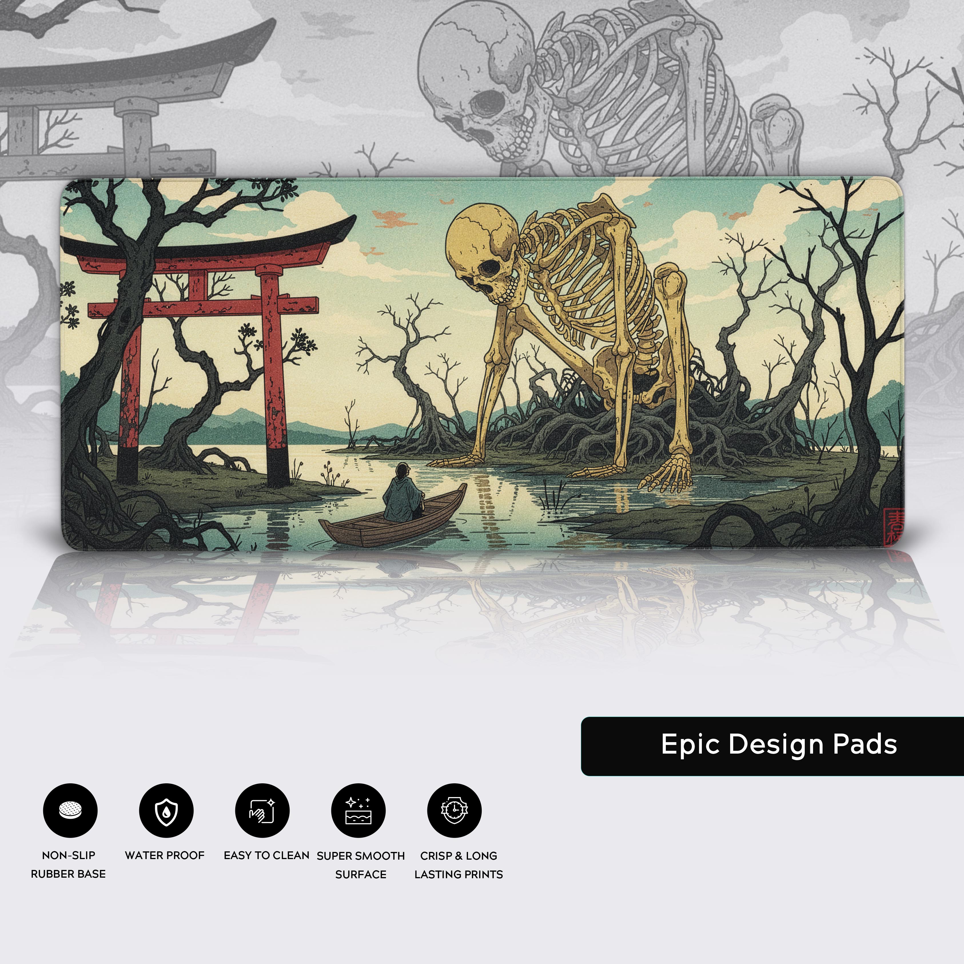 Close-up of the Skeleton Shore Ukiyo-e desk mat, highlighting the durable stitched edges, water-resistant surface, and non-slip rubber base. - Epic Design Pads & Mousepads