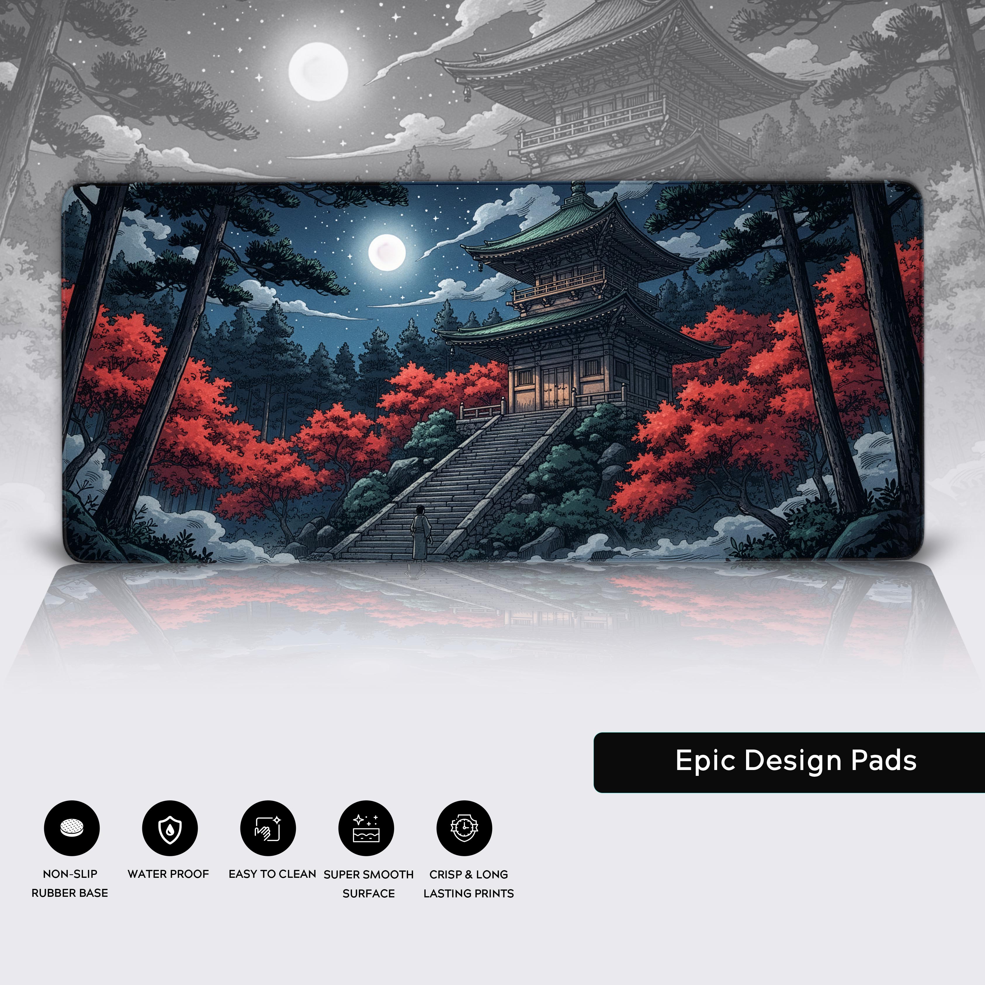 A close-up of the Moonlit Temple Japanese desk mat showcasing the quality details like the stitched edges, smooth fabric, and non-slip rubber base. - Epic Design Pads & Mousepads