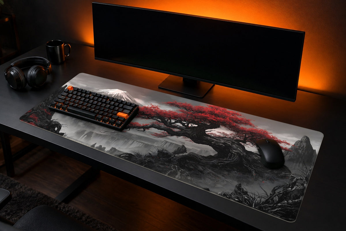 Crimson Peaks desk mat on a black desk in orange light