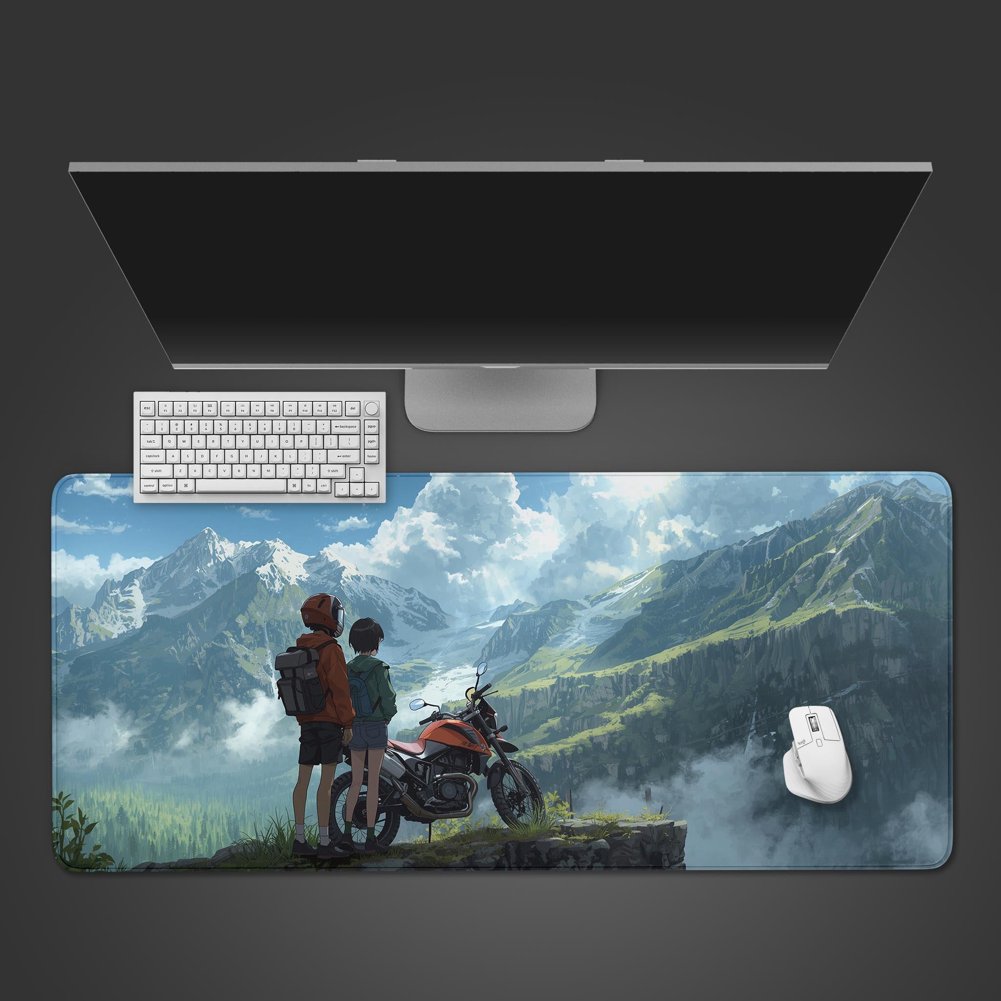 Epic Journey anime desk mat with mountain vista design – top-down desktop view with a white keyboard and mouse. - Epic Design Pads