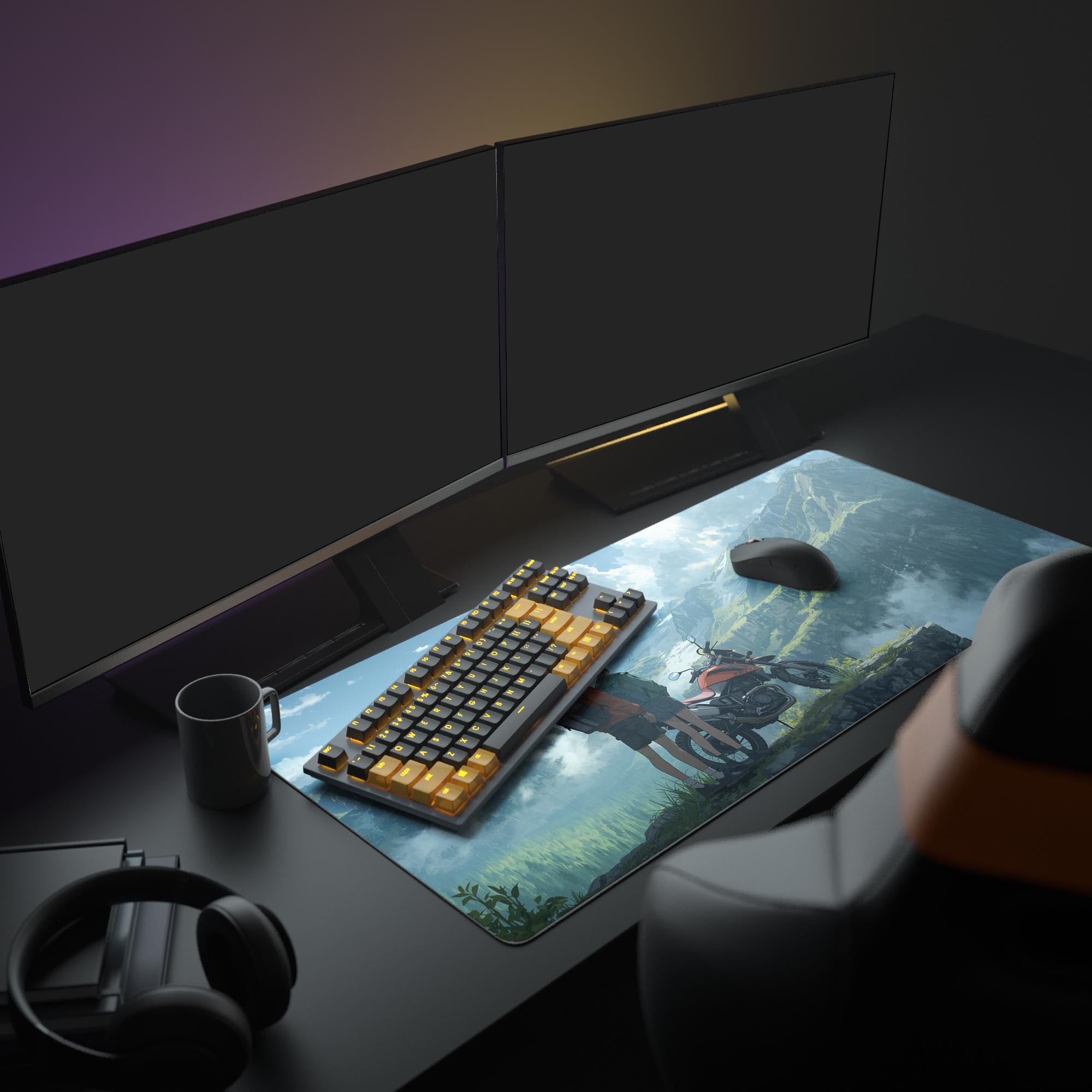 Large Epic Journey anime desk mat shown in a cozy desk setup with dual monitors, plants, and headphones. - Epic Design Pads
