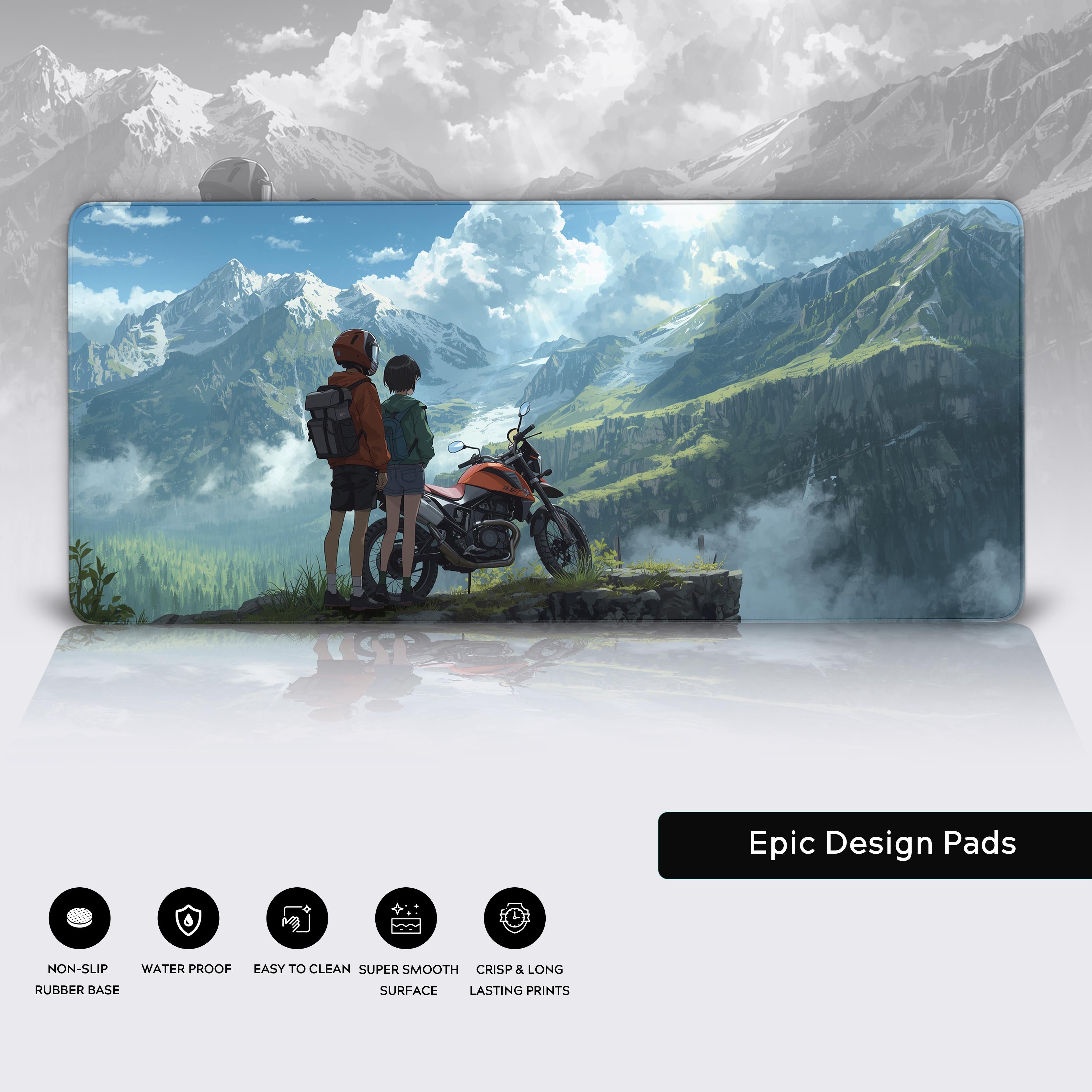 Epic Journey anime desk mat highlighting the premium stitched edges and non-slip rubber base for stability. - Epic Design Pads