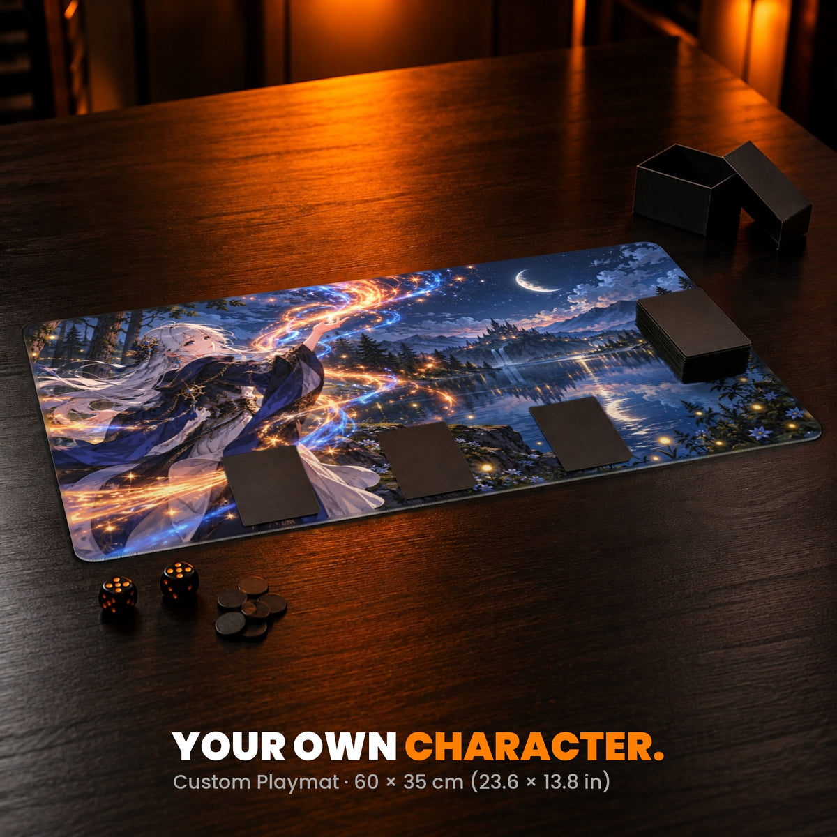 Custom Playmat 60 x 35 cm - example: original anime-style character art, on a card table