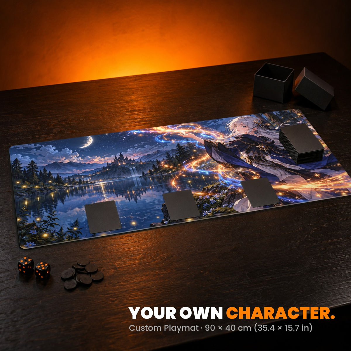 Custom Playmat 90 x 40 cm - example: original anime-style character art, on a card table