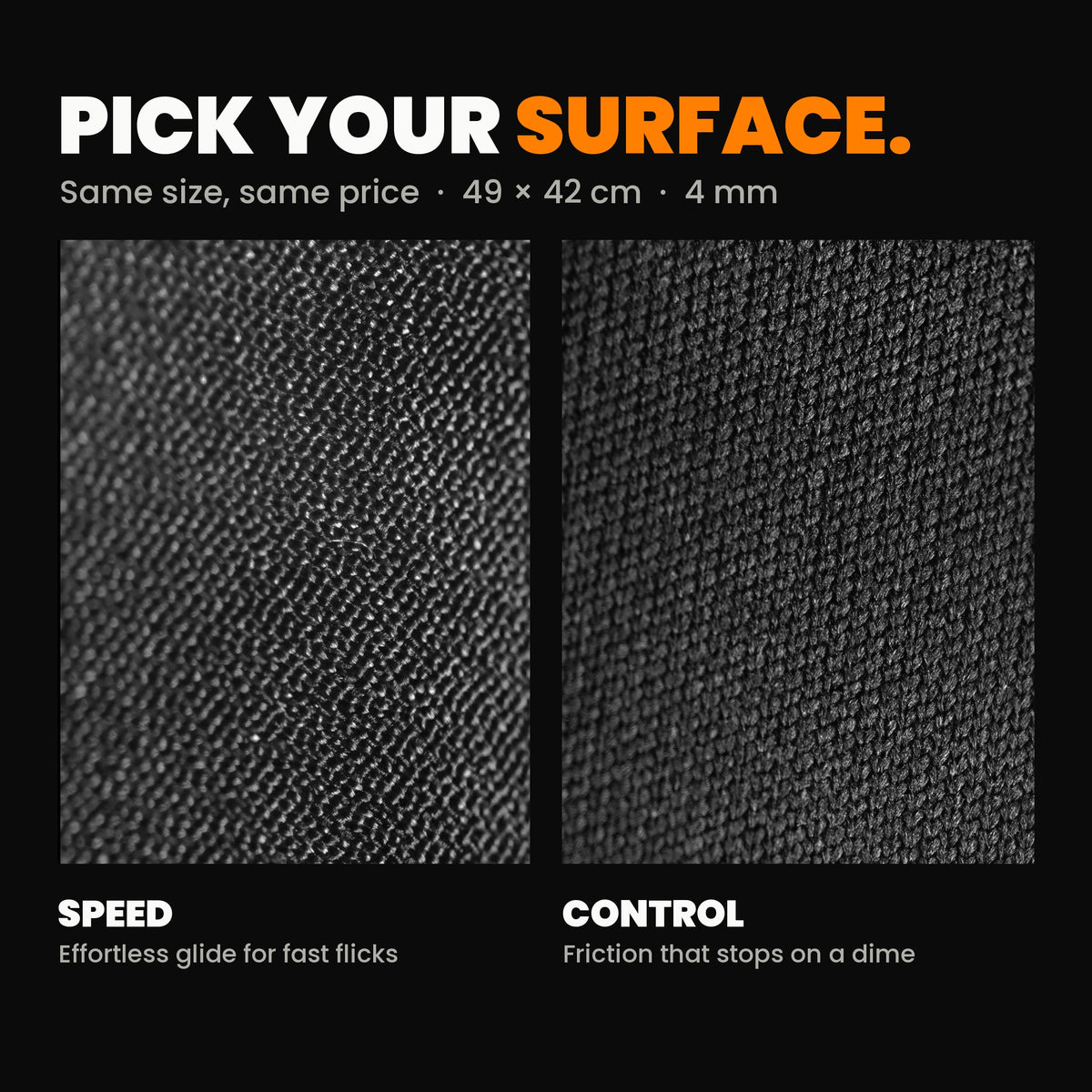 Pro Custom Gaming Mouse Pad surfaces: Speed and Control fabric close-ups, 49 x 42 cm, 4 mm