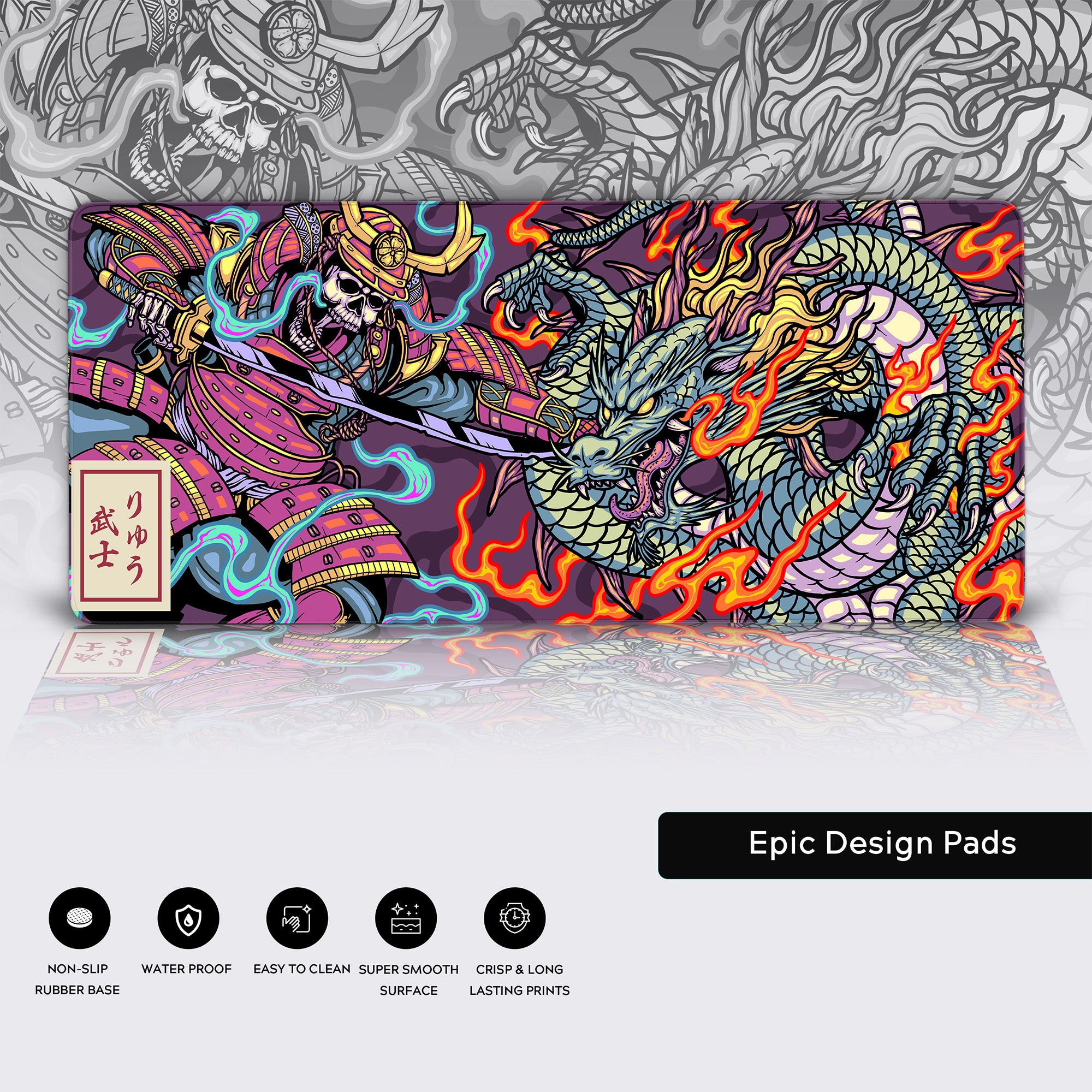 Skeleton vs Dragon Desk Mat, Fiery Samurai Pad, Japanese Fantasy