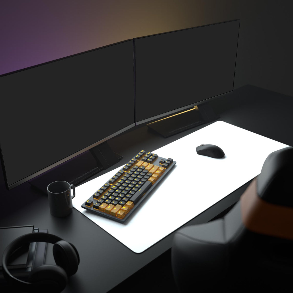 epic design pad all white desk mat with 2 monitors and keyboard and mouse