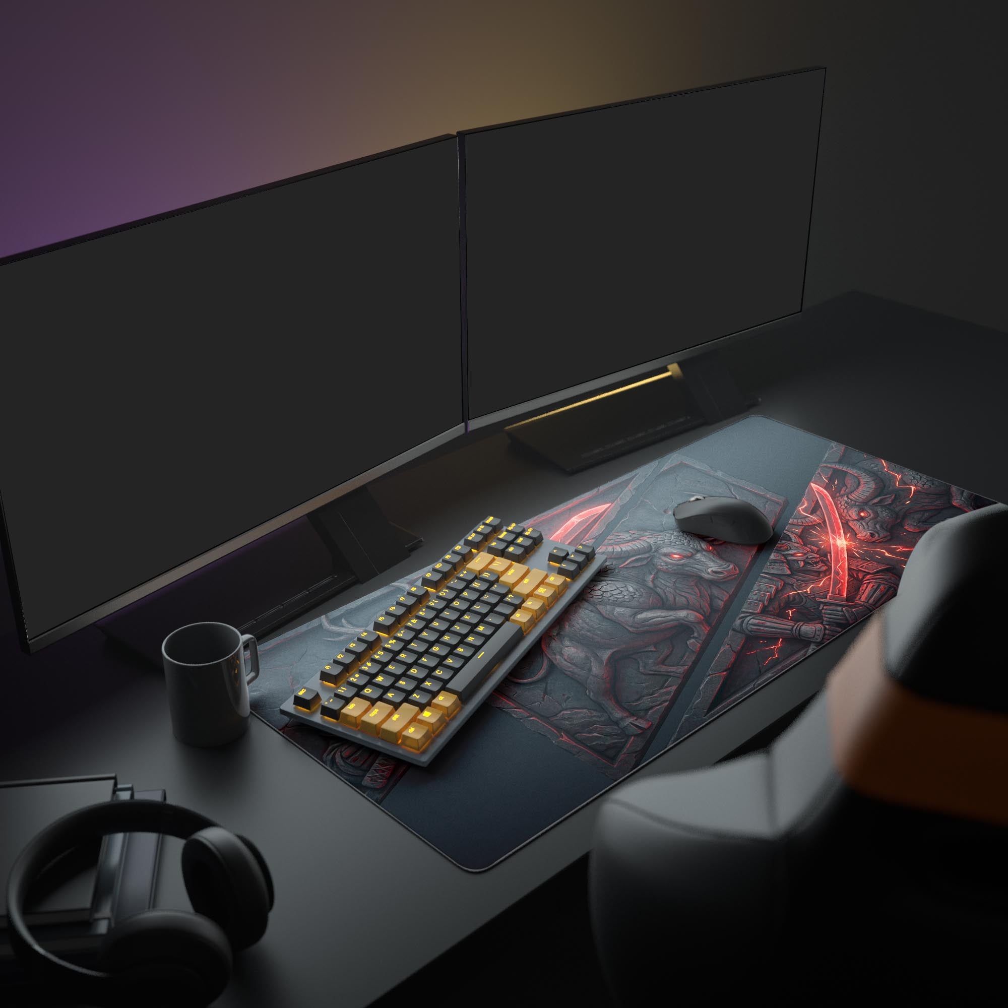 A complete gaming setup showcasing the Eternal Clash mouse pad, its dark fantasy Oni design elevating the aesthetic alongside a large monitor and peripherals. - Epic Design Pads & Mousepads