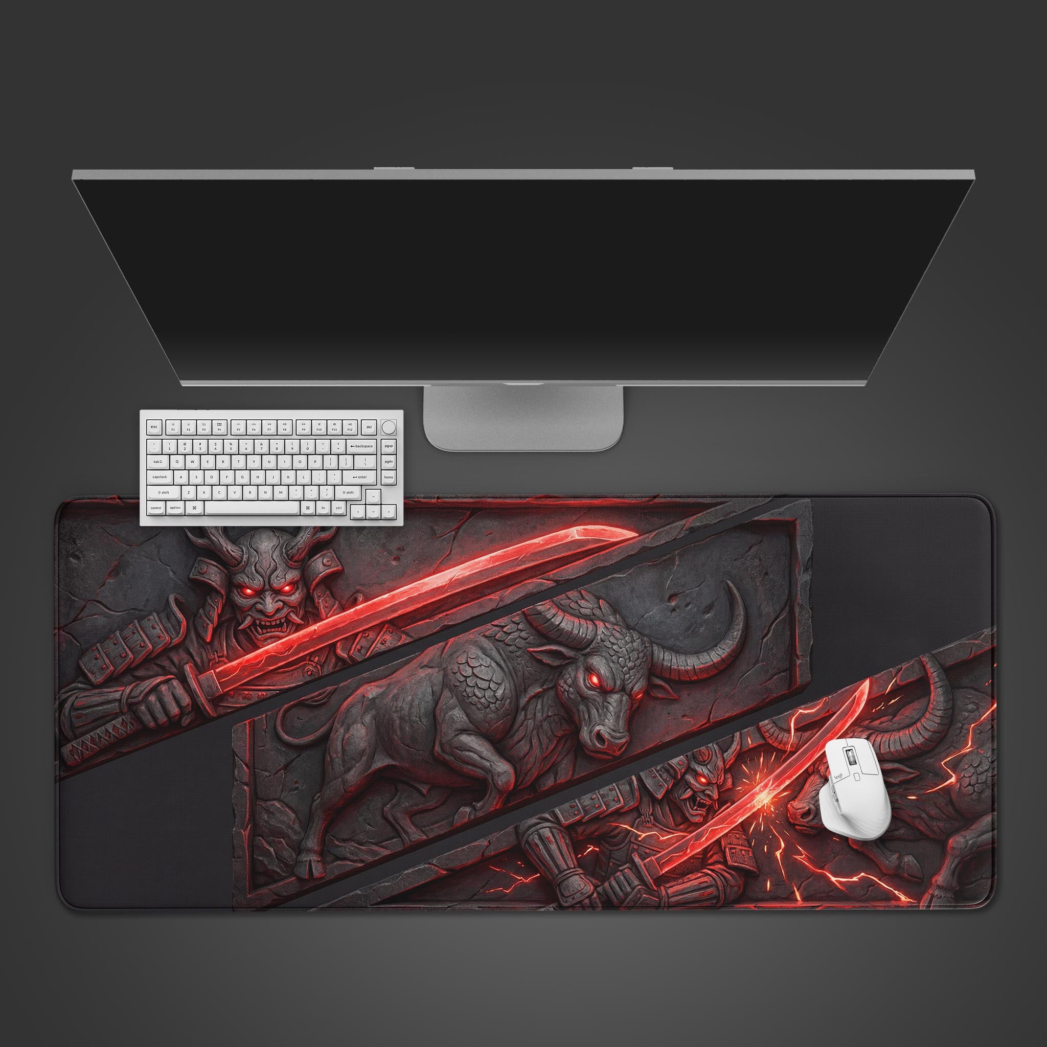 Top-down view of the Eternal Clash gaming desk mat featuring an Oni samurai and bull design, shown with a white keyboard and mouse. - Epic Design Pads & Mousepads