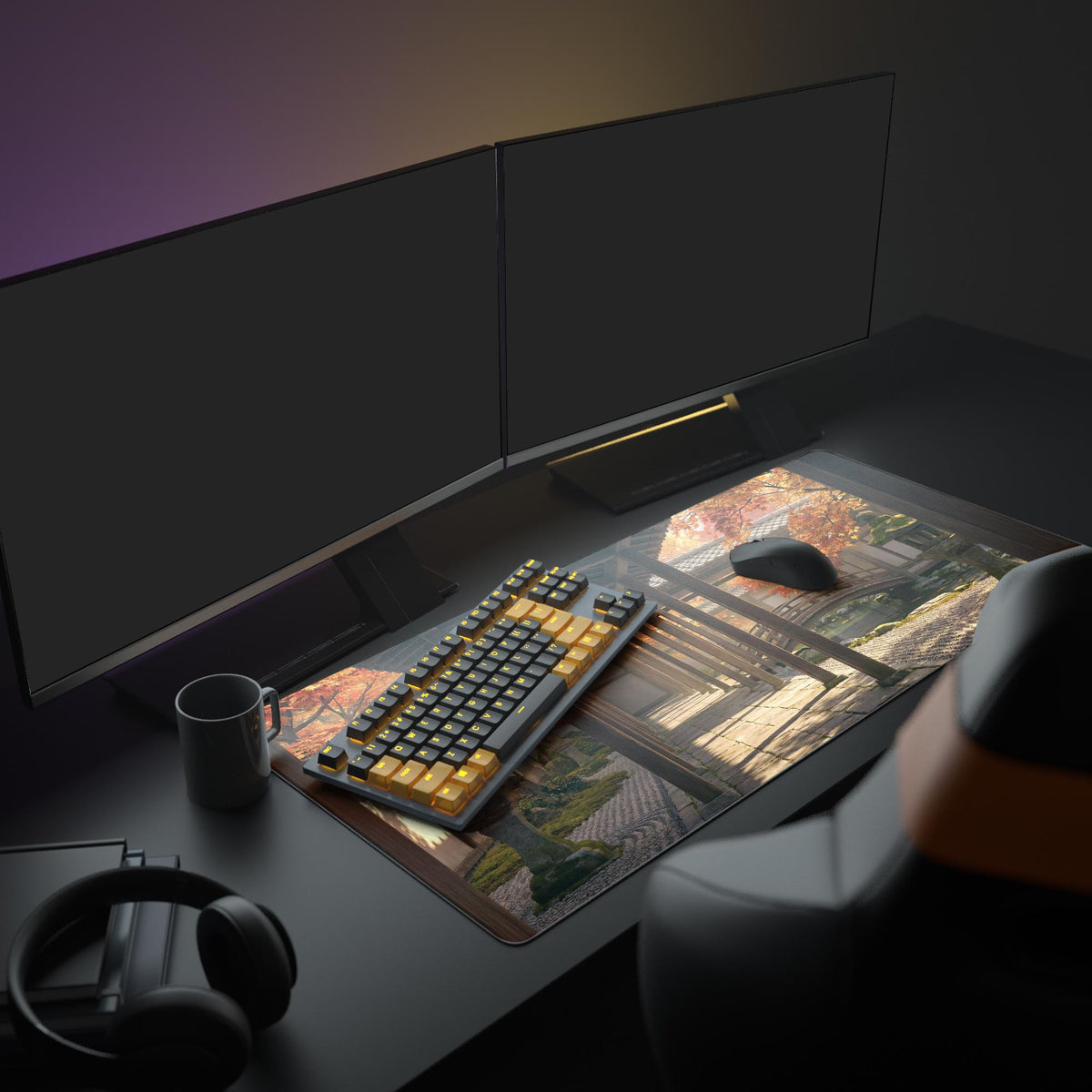 Large Japanese desk mat with Eternal Corridor design in an aesthetic desk setup featuring dual monitors, a mechanical keyboard, and headphones. - Epic Design Pads & Mousepads