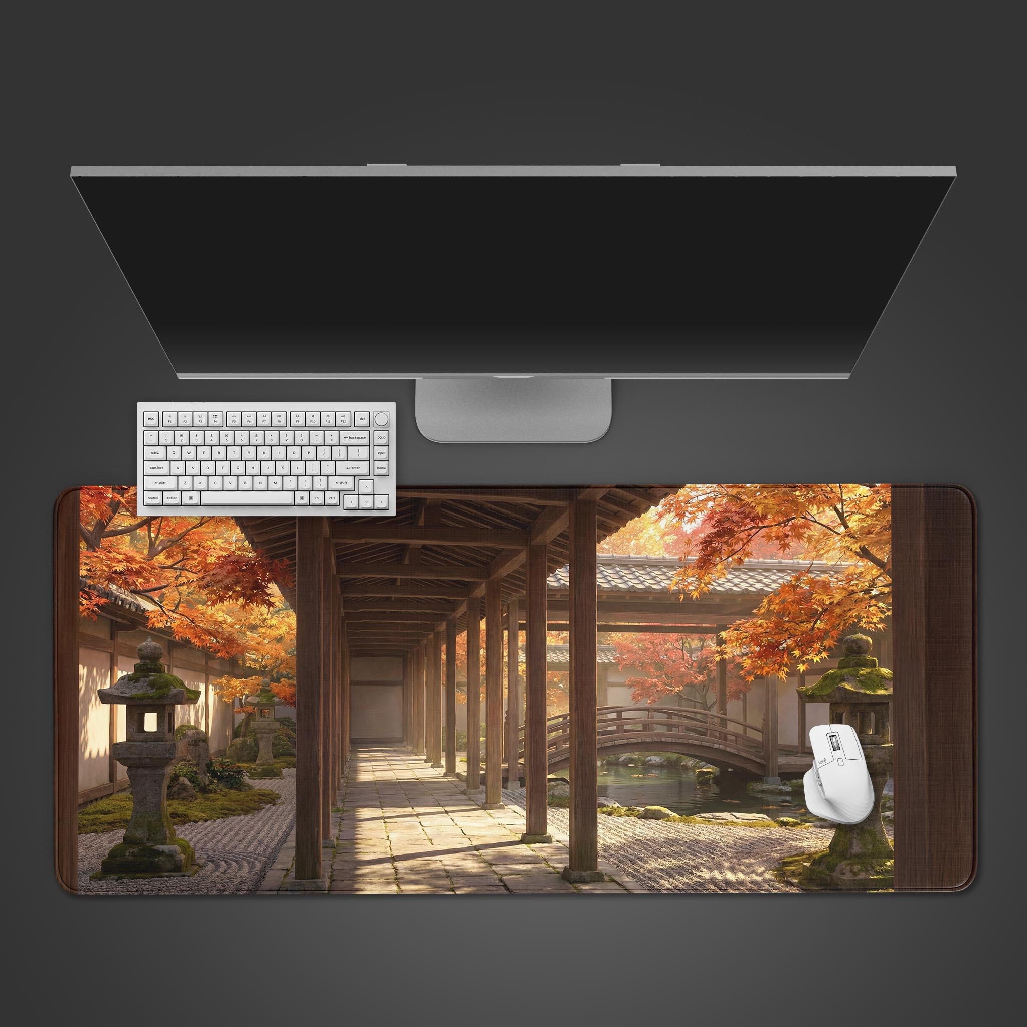 Japanese desk mat showing the Eternal Corridor design with an autumn temple path. Top-down view on a desk with a keyboard and mouse. - Epic Design Pads & Mousepads