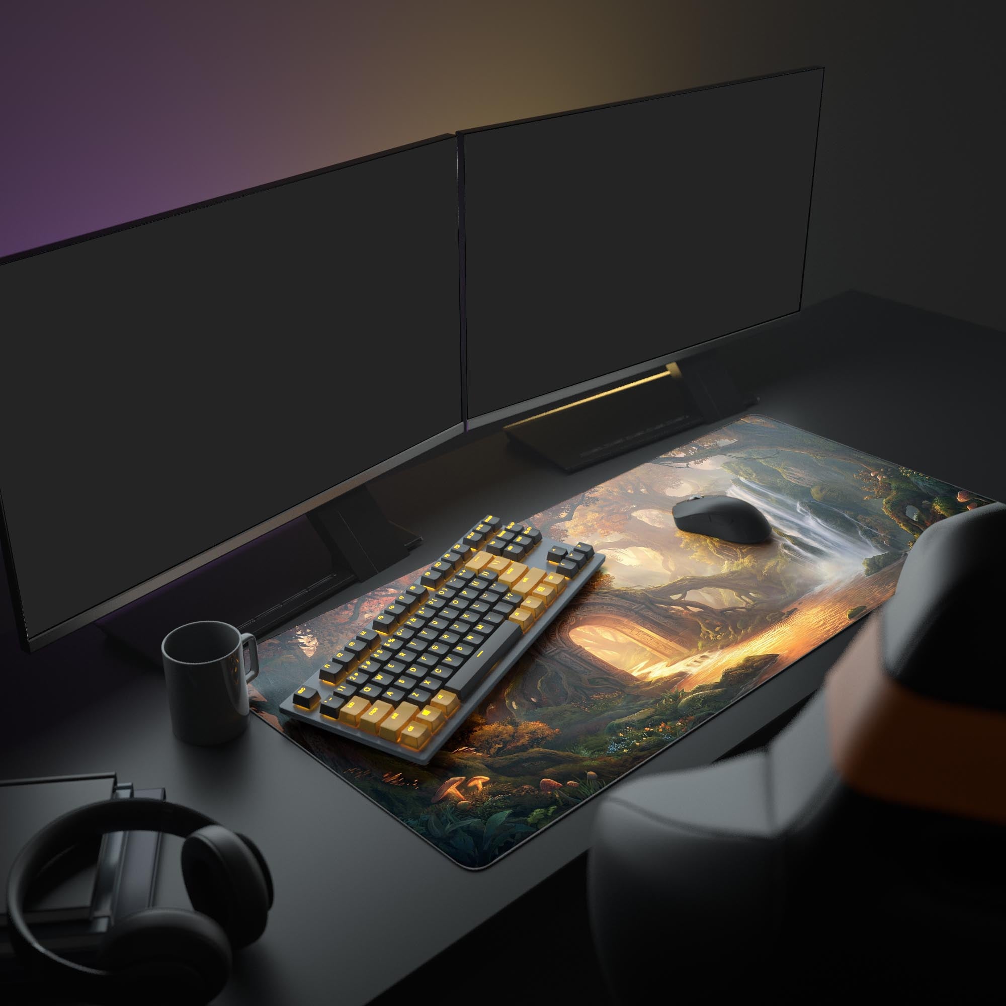 A full PC gaming setup featuring the Eternal Gateway Mouse Pad, which adds a magical fantasy forest aesthetic to the glowing monitor and keyboard. - Epic Design Pads & Mousepads