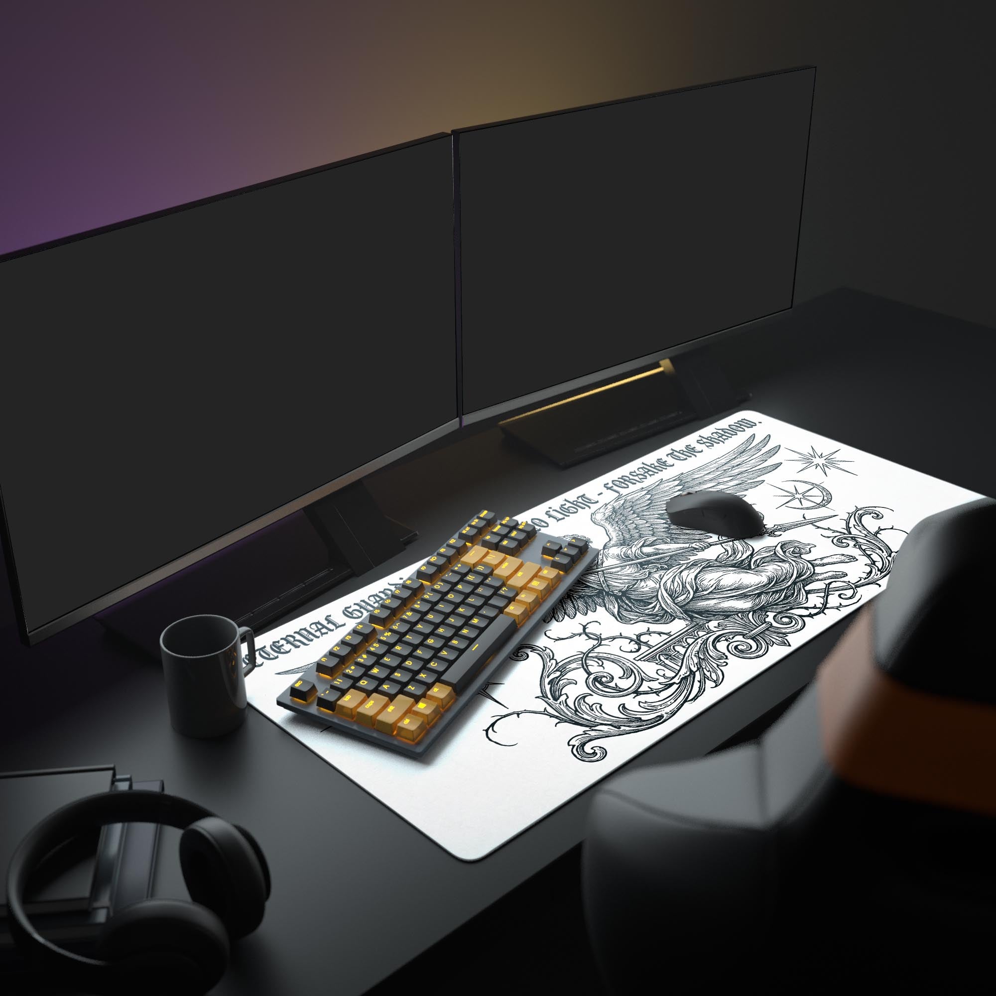 A complete PC setup showcasing the Eternal Guardian mouse pad, its angelic warrior design creating a focused, mythological aesthetic for any gaming or work station. - Epic Design Pads & Mousepads