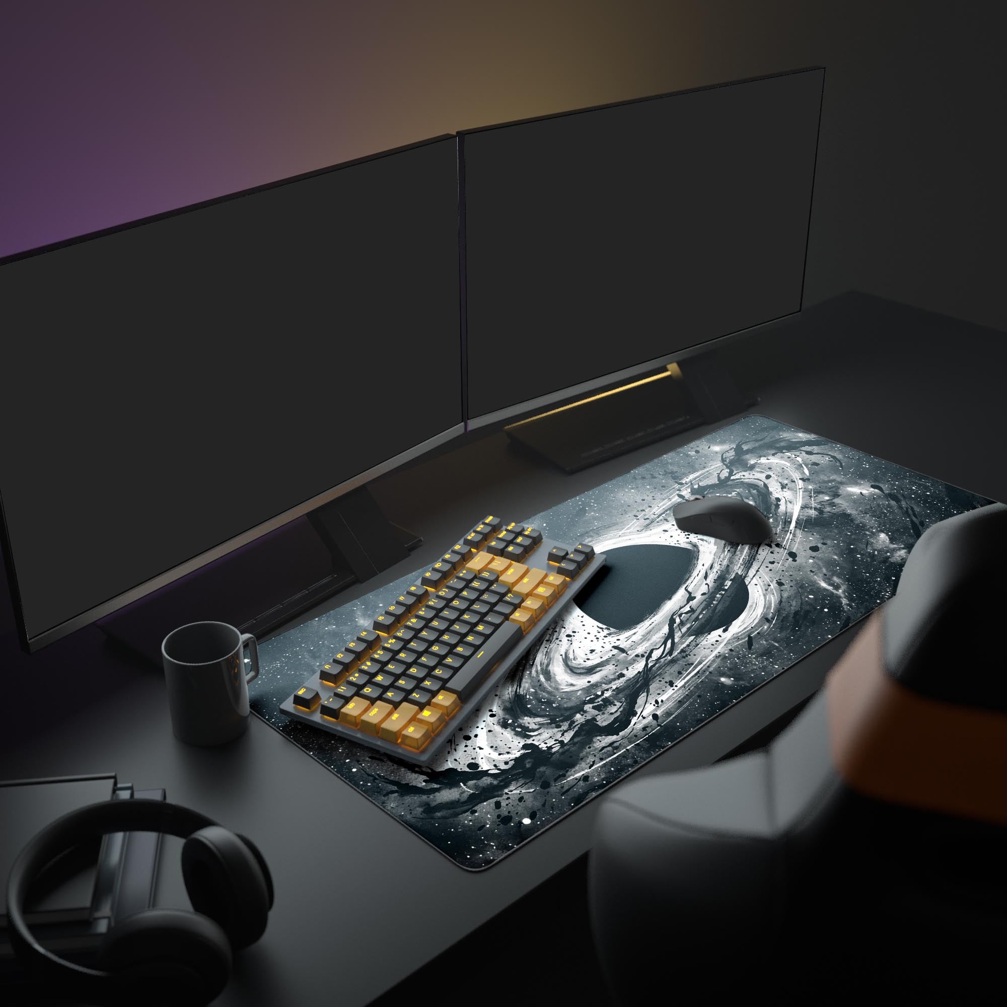 Eternal Void Desk Mat – Black Hole Ink Wash Design, Large Extended