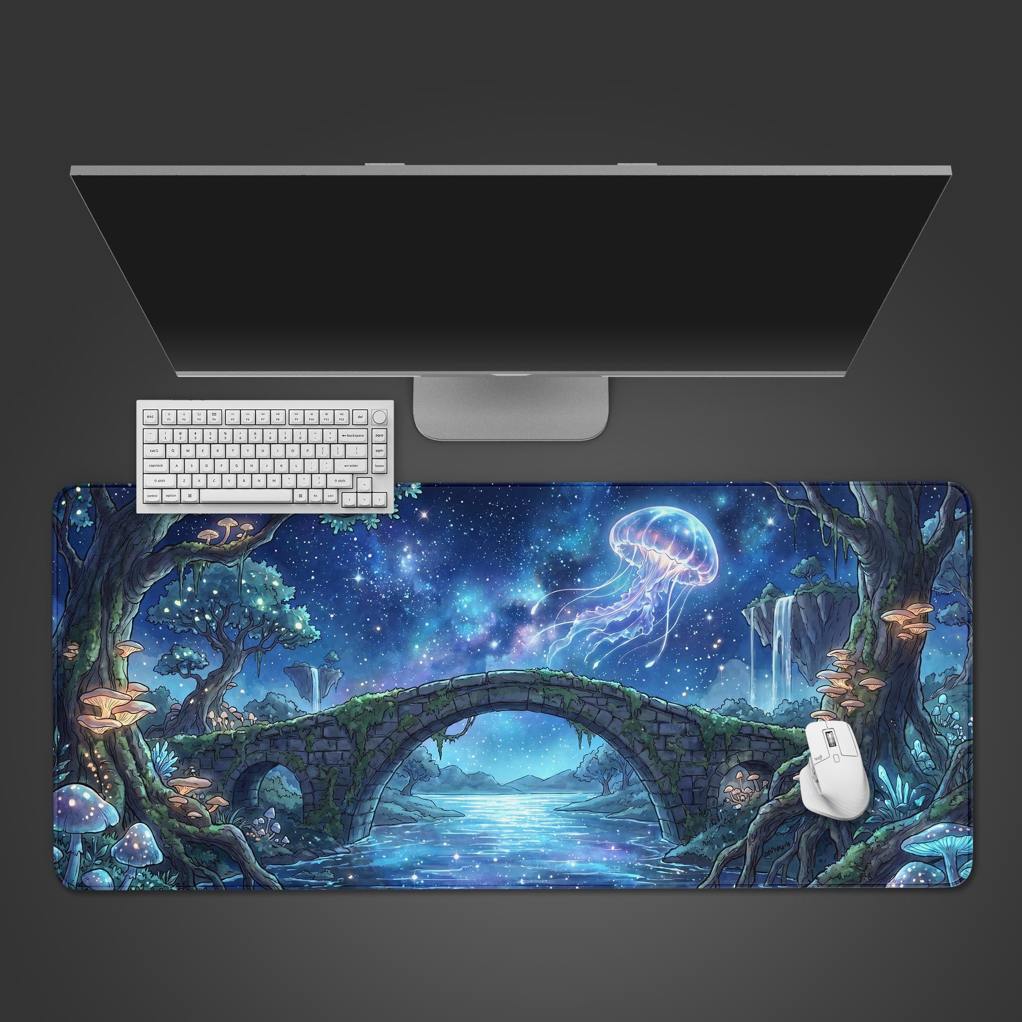 Bioluminescent fantasy forest desk mat with giant floating jellyfish in a starry night sky