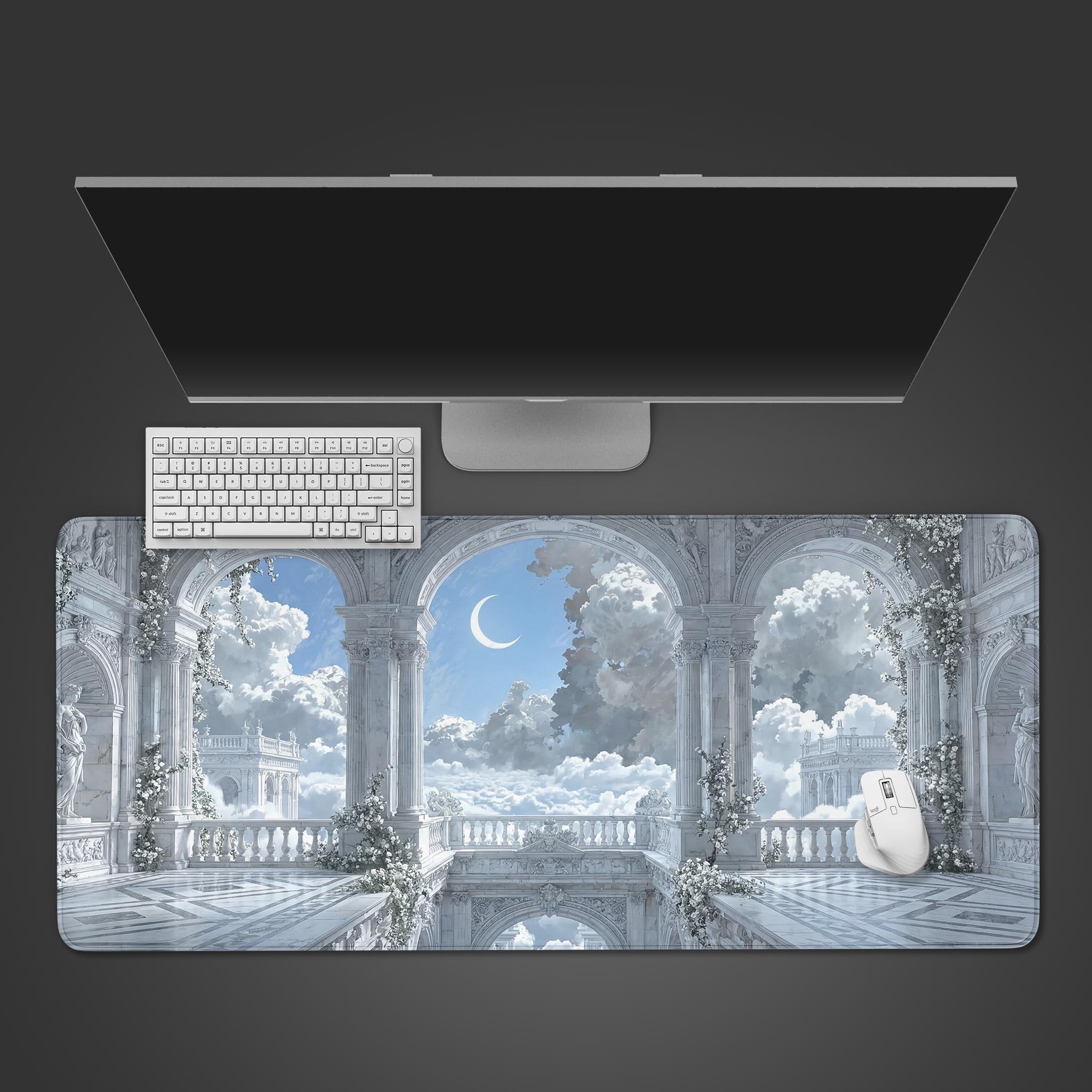 Ethereal Sanctum desk mat with celestial marble archway design. Top-down view on a desk with a white keyboard and mouse, showing its large size. - Epic Design Pads & Mousepads