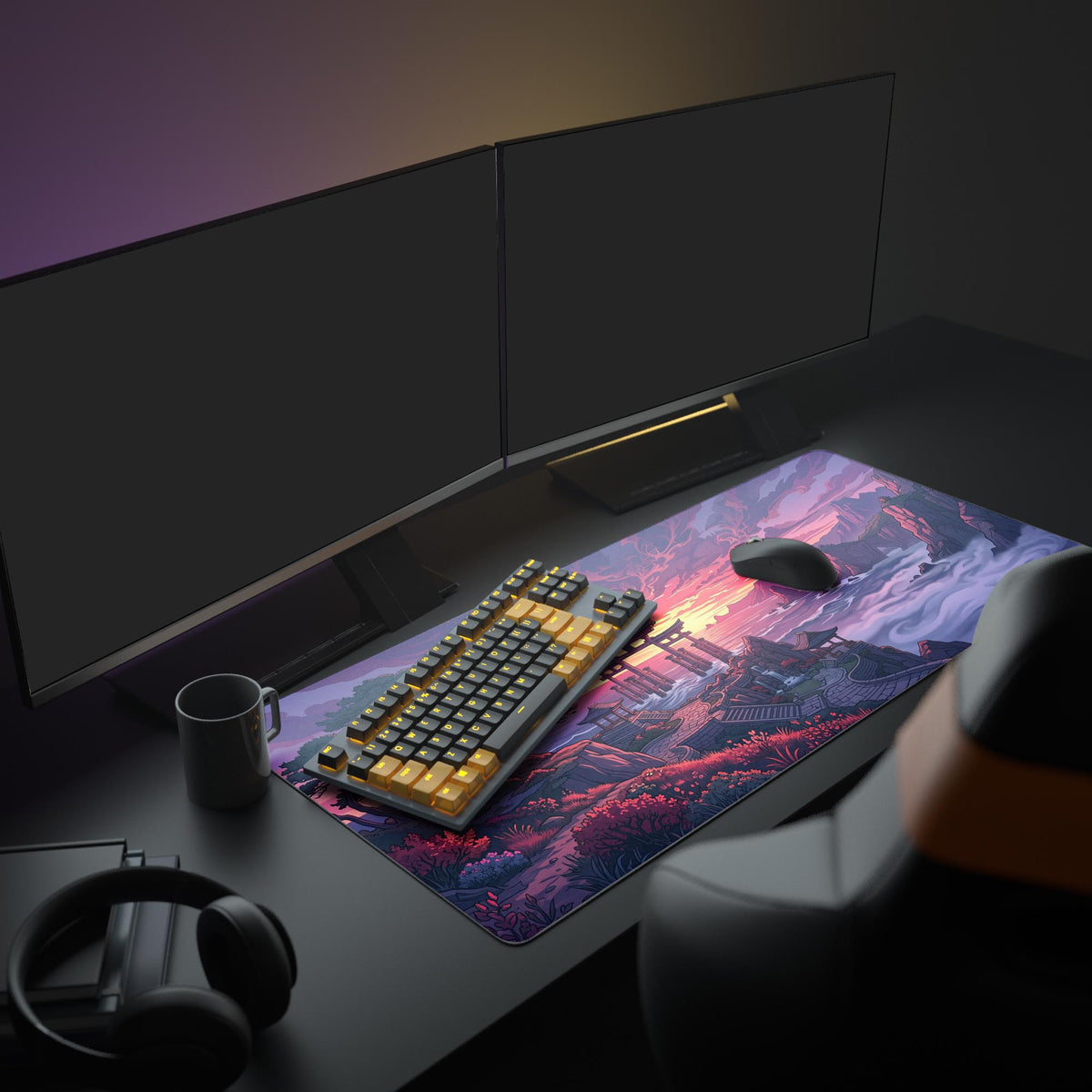 A full gaming PC setup featuring the Ethereal Torii XL mouse pad, which displays a vibrant Japanese coastal landscape under a large monitor. - Epic Design Pads & Mousepads