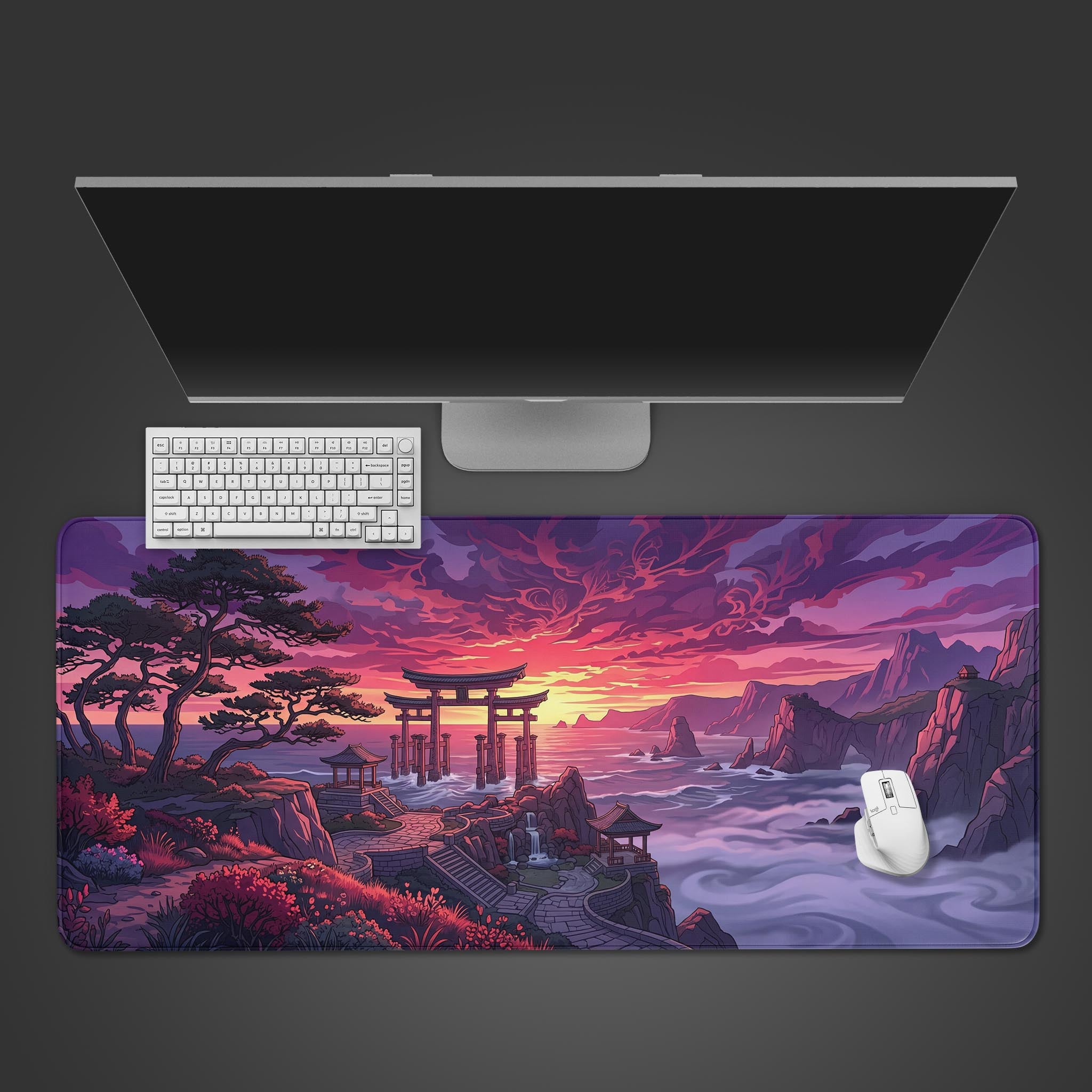Top-down view of the Ethereal Torii gaming desk mat featuring a Japanese sunset over a Torii gate, shown with a white keyboard and mouse. - Epic Design Pads & Mousepads