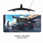 Extreme 120x50cm custom desk pad with vibrant design – top view including keyboard and mouse setup.