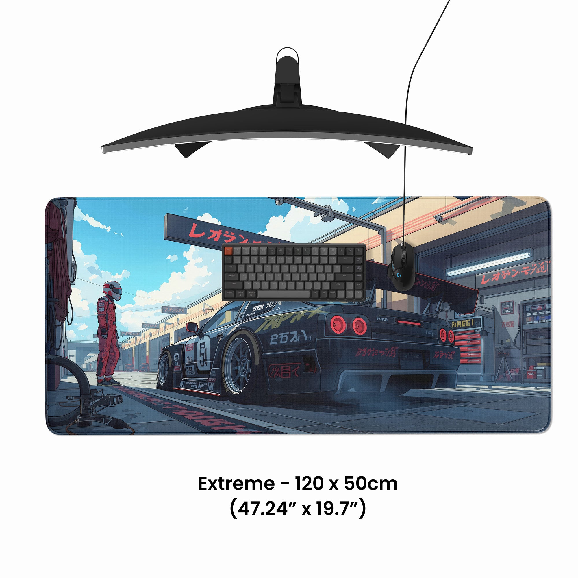 Extreme 120x50cm custom desk pad with vibrant design – top view including keyboard and mouse setup.