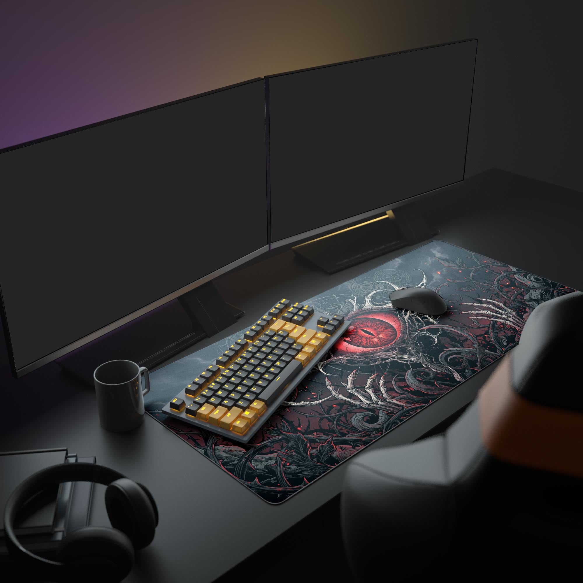 A full PC setup featuring the Eye of Judgment dark fantasy mouse pad, creating a gothic and immersive atmosphere under a widescreen monitor. - Epic Design Pads & Mousepads