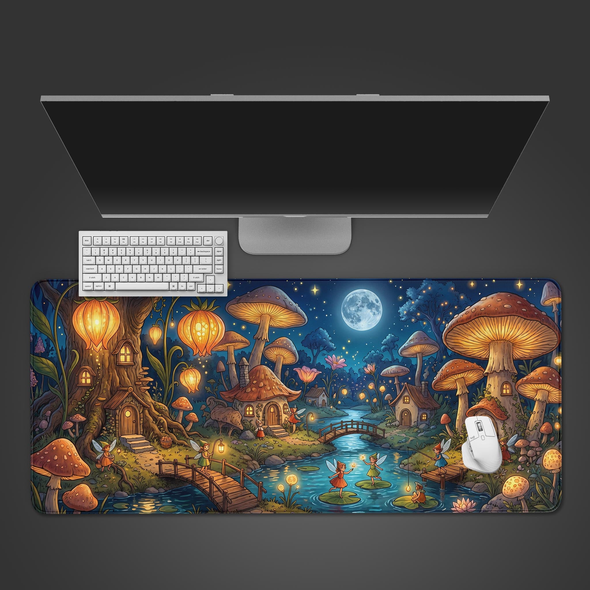 Enchanted fairy village desk mat featuring glowing mushroom houses and a full moon