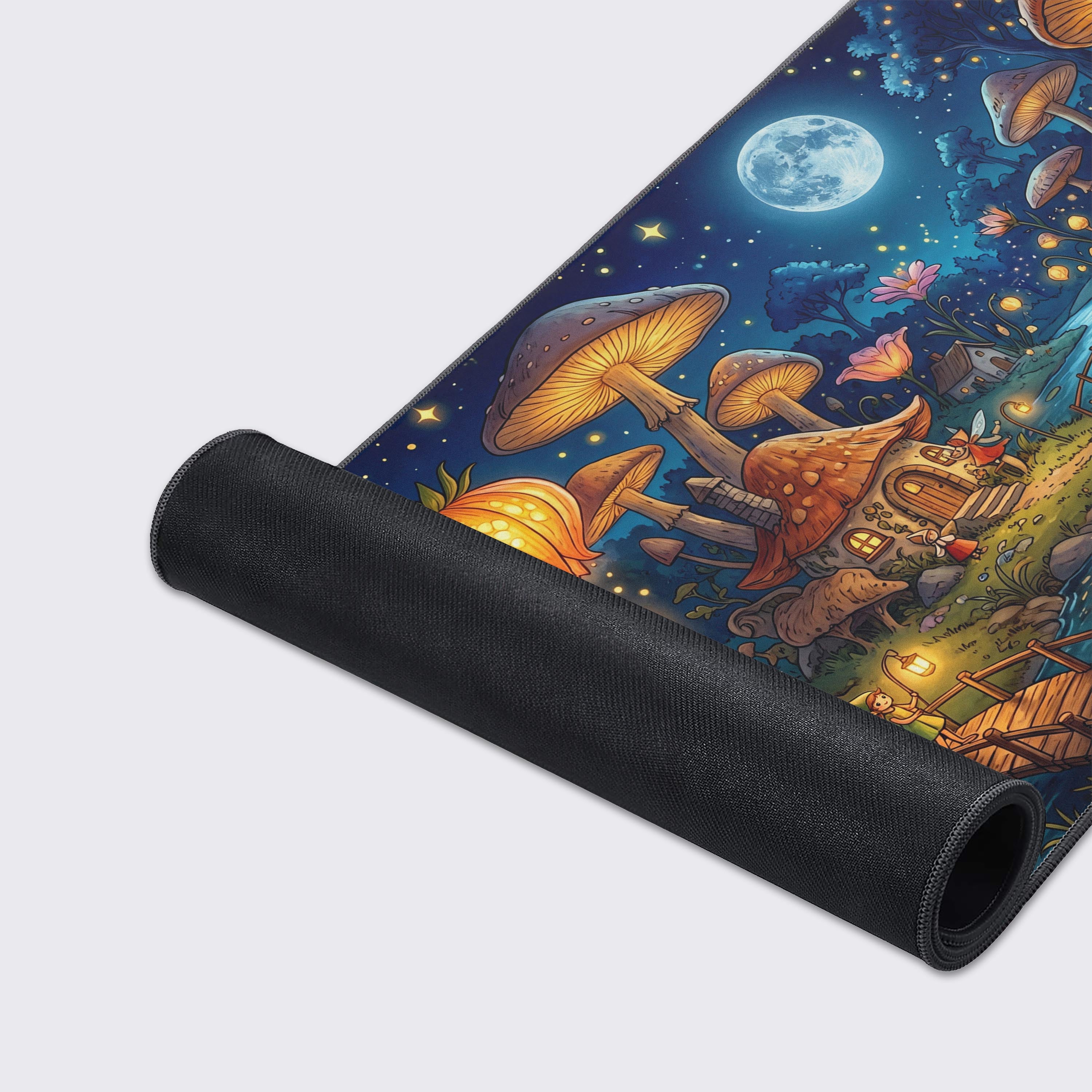 Whimsical night forest scene with dancing pixies and glowing lanterns on a large desk mat