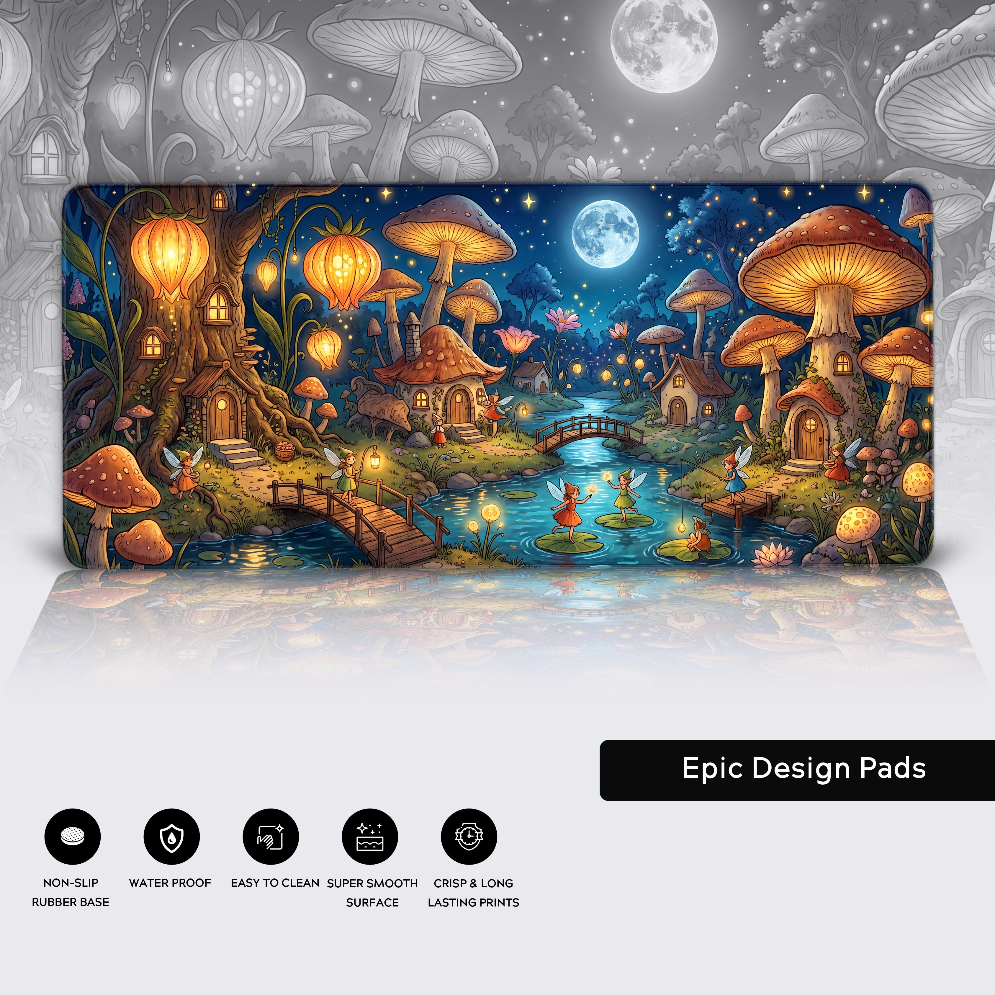 Product features of the fairy mushroom village desk mat highlighting waterproof and non-slip materials