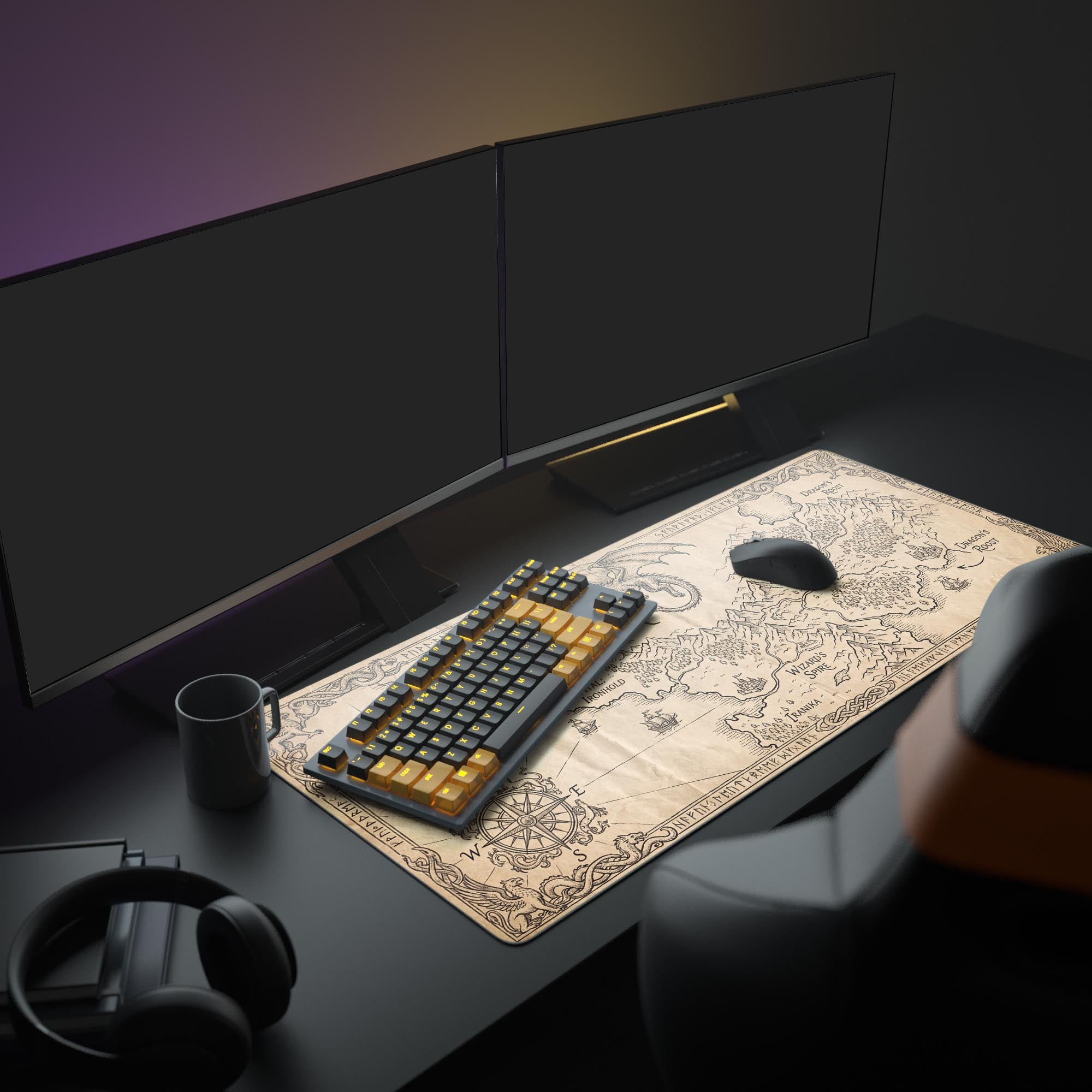 Large Fantasy Atlas gaming desk mat in a complete D&D setup with dual monitors, keyboard, and headphones. - Epic Design Pads & Mousepads