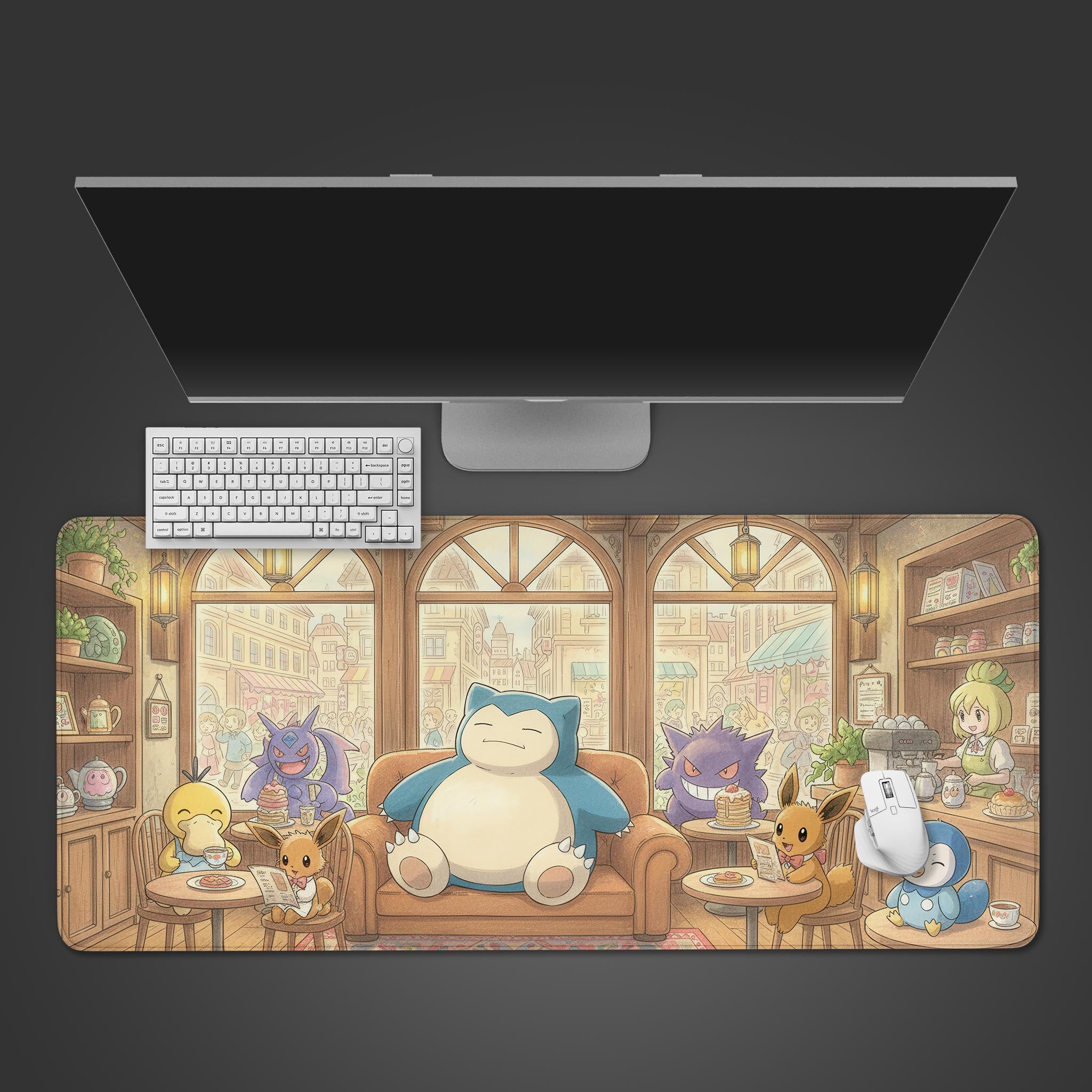 Pokémon desk mat featuring a 'Fantasy Café' scene with Snorlax and Gengar – top-down view with keyboard and mouse. - Epic Design Pads
