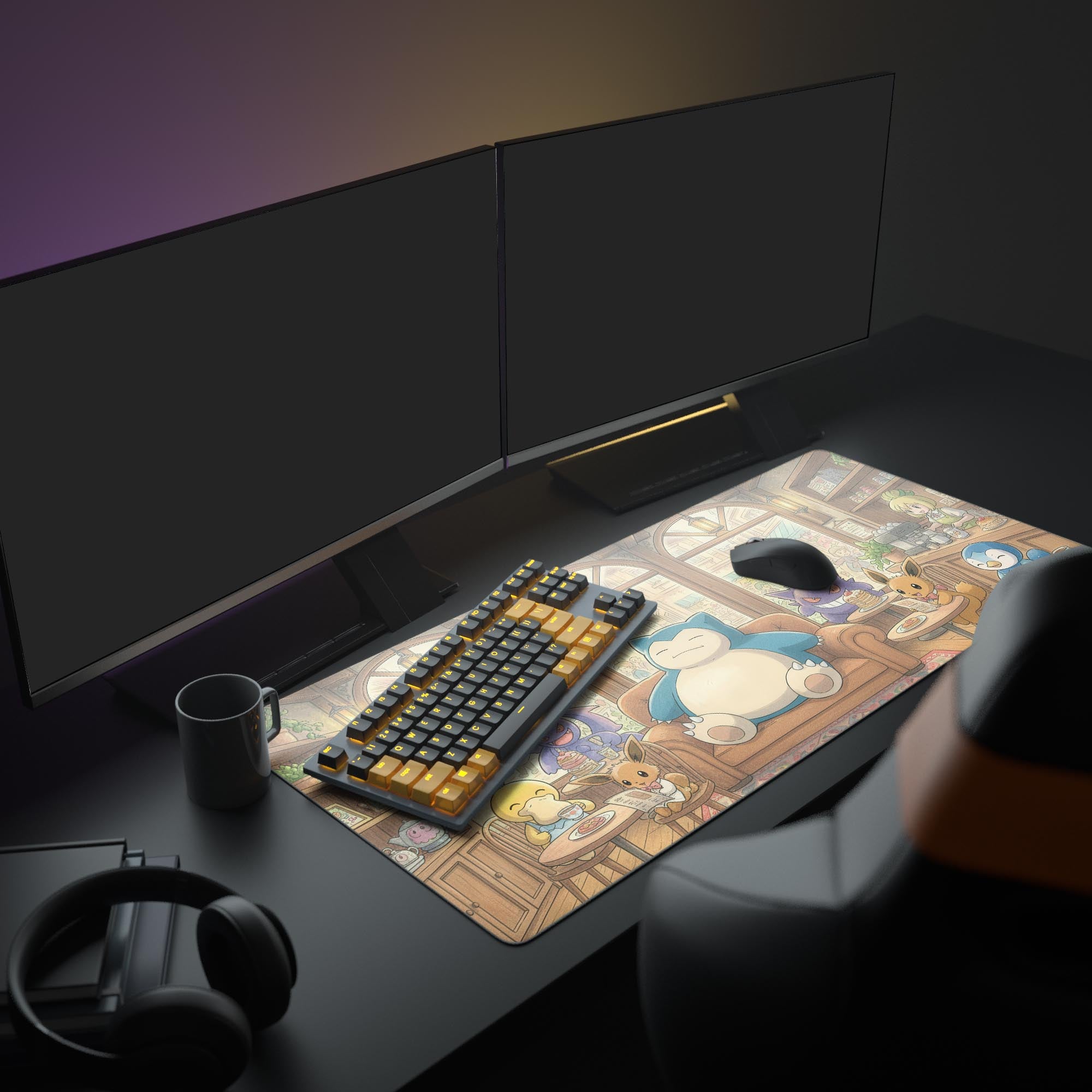 Large Pokémon gaming desk mat with 'Fantasy Café' art – shown in a cozy desk setup with a mechanical keyboard and monitor. - Epic Design Pads