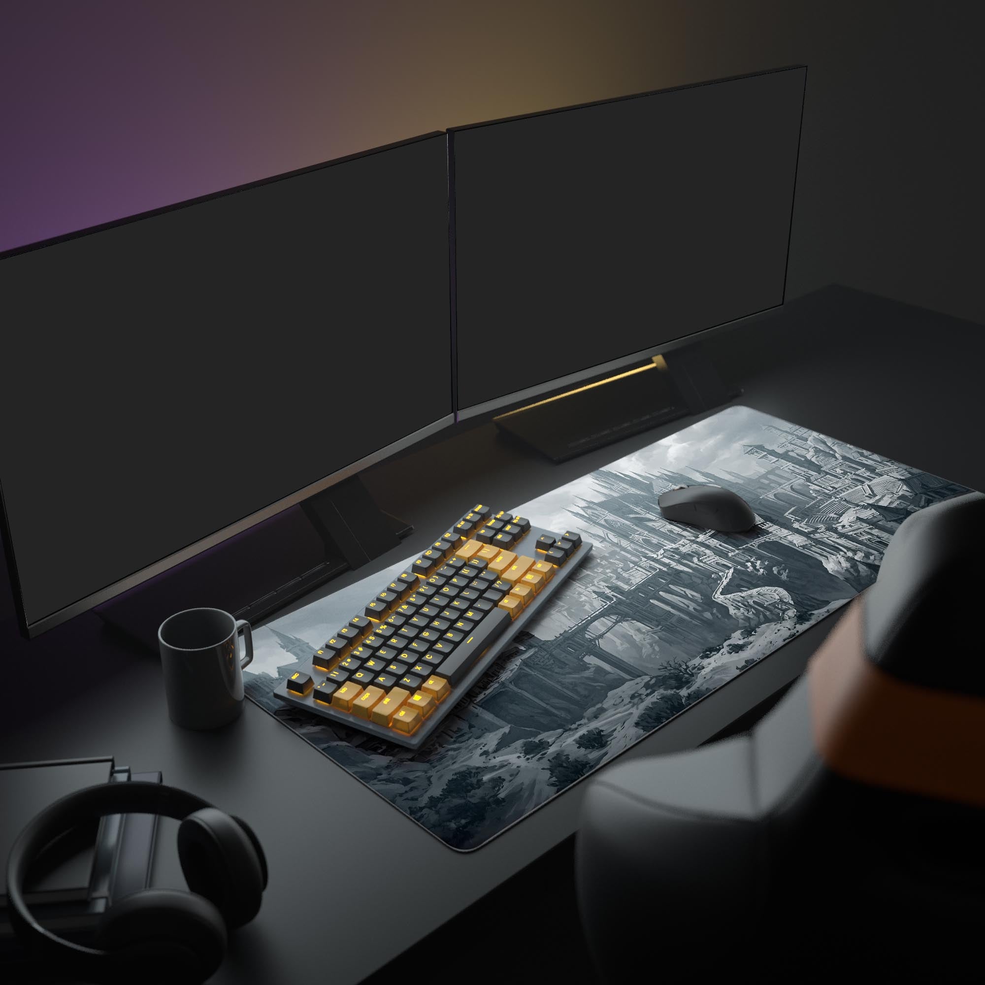 Close-up of the gothic cathedral and intricate architecture on the dark fantasy gaming mouse pad