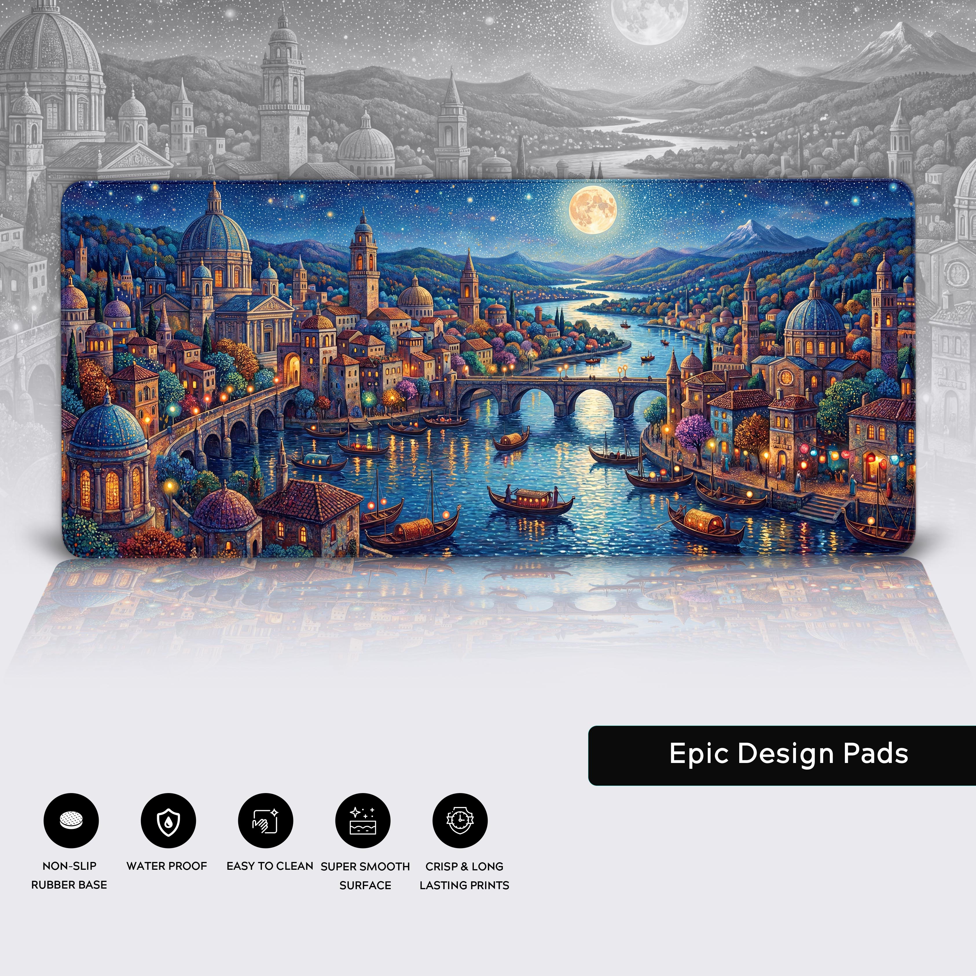 Features breakdown highlighting non-slip rubber base, waterproof design, easy to clean surface, smooth glide, and crisp prints.