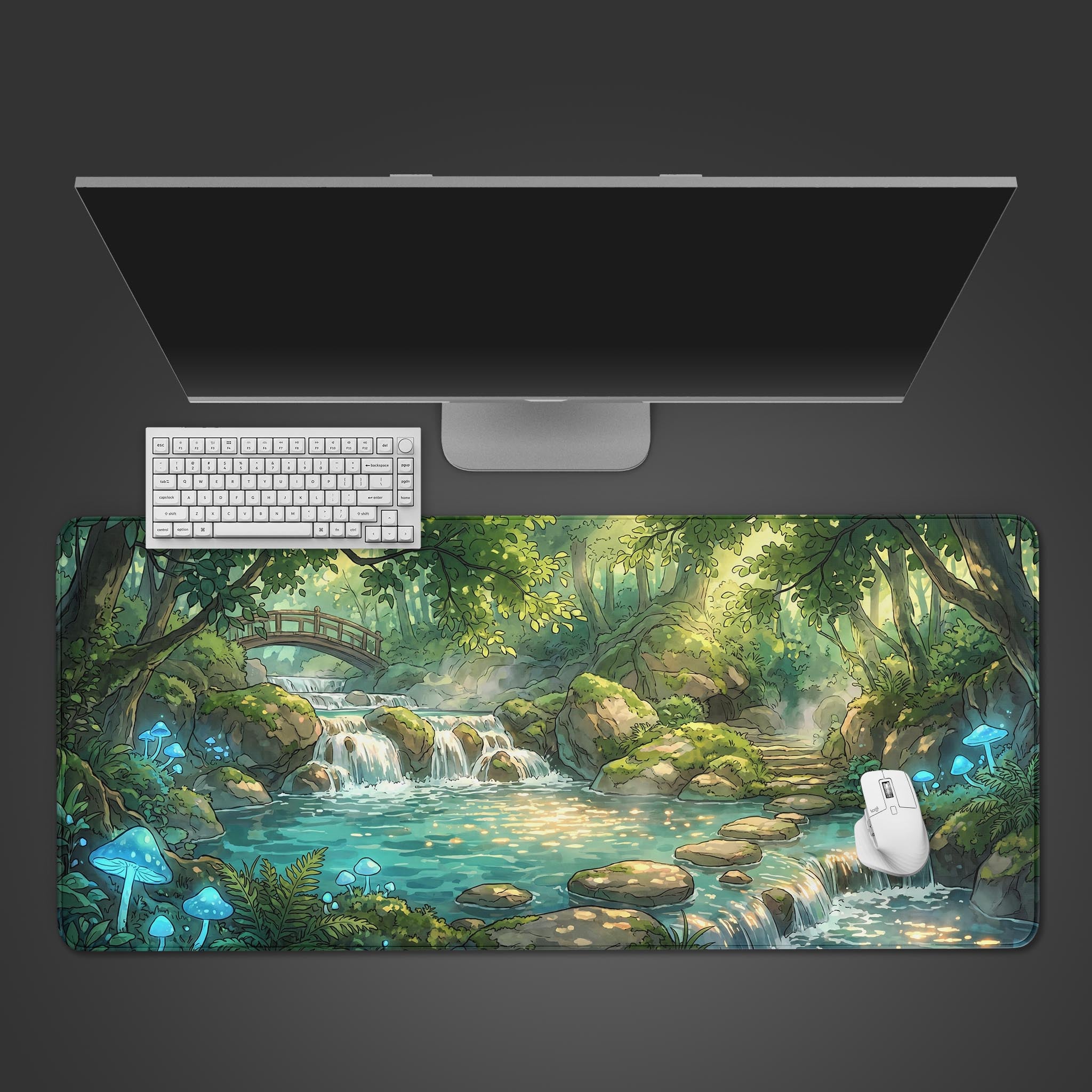 A magical enchanted forest desk mat featuring glowing cyan mushrooms, a cascading waterfall, and a wooden bridge in a sunlit woodland setting.