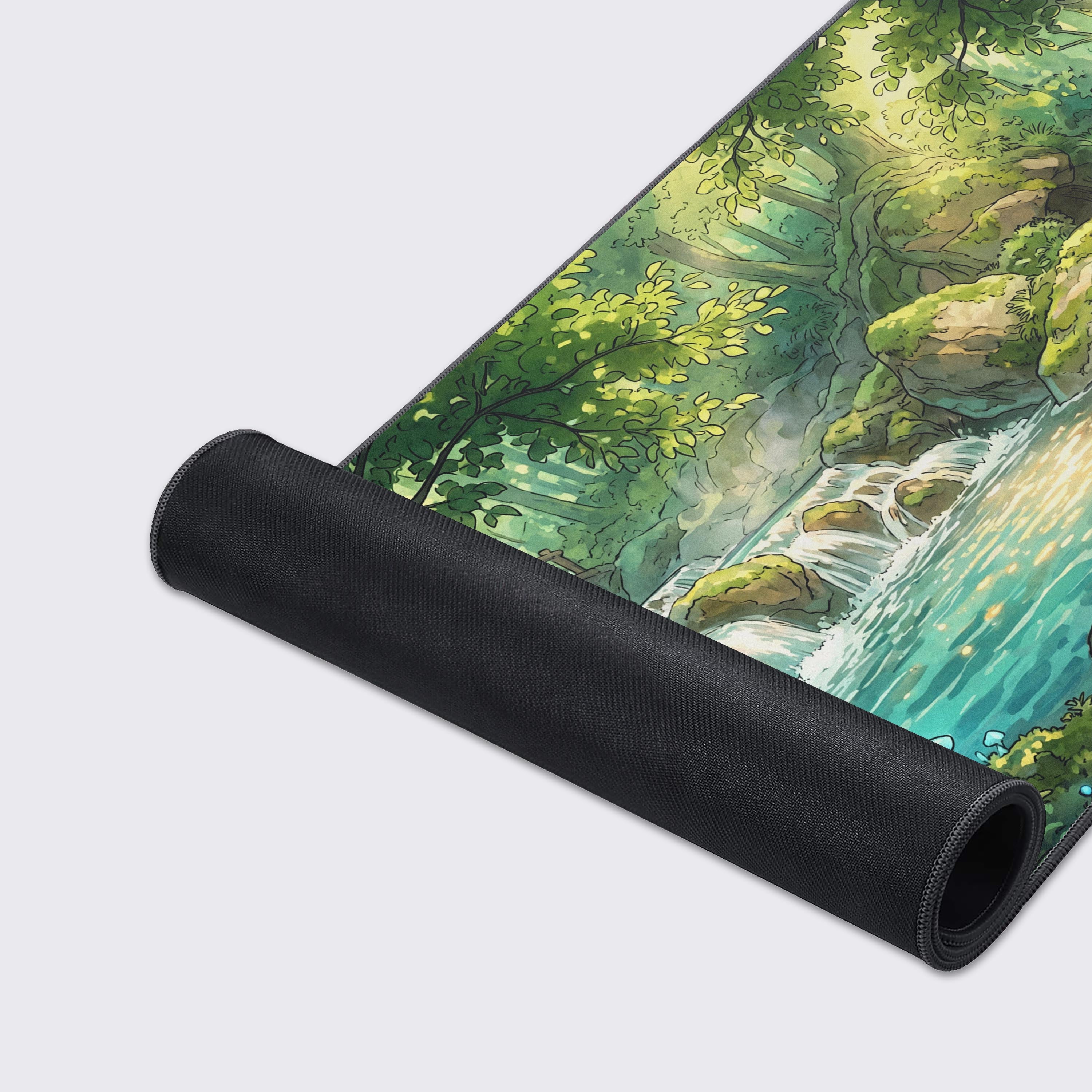 Sunlight filtering through the canopy over a tranquil river and stepping stones on an extra large aesthetic desk mat.