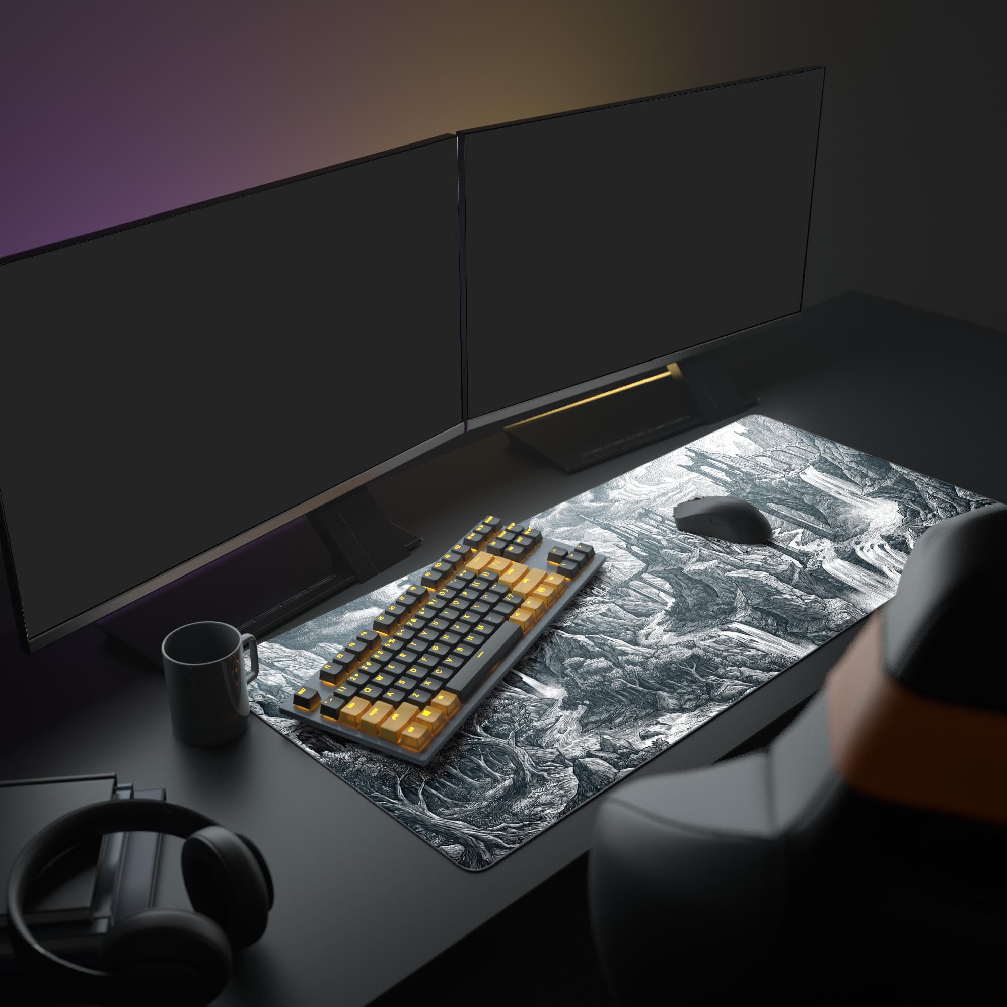 Detailed sketch style landscape gaming mouse pad with crumbling ancient castles