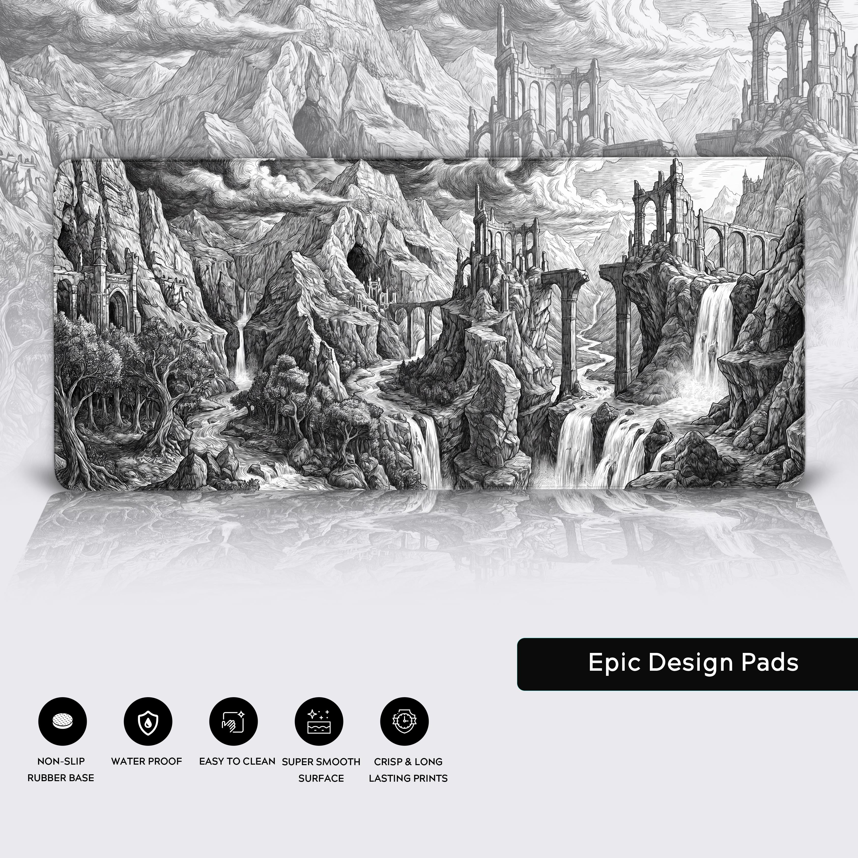 Feature icons highlighting the non-slip rubber base and easy to clean material of the fantasy desk mat