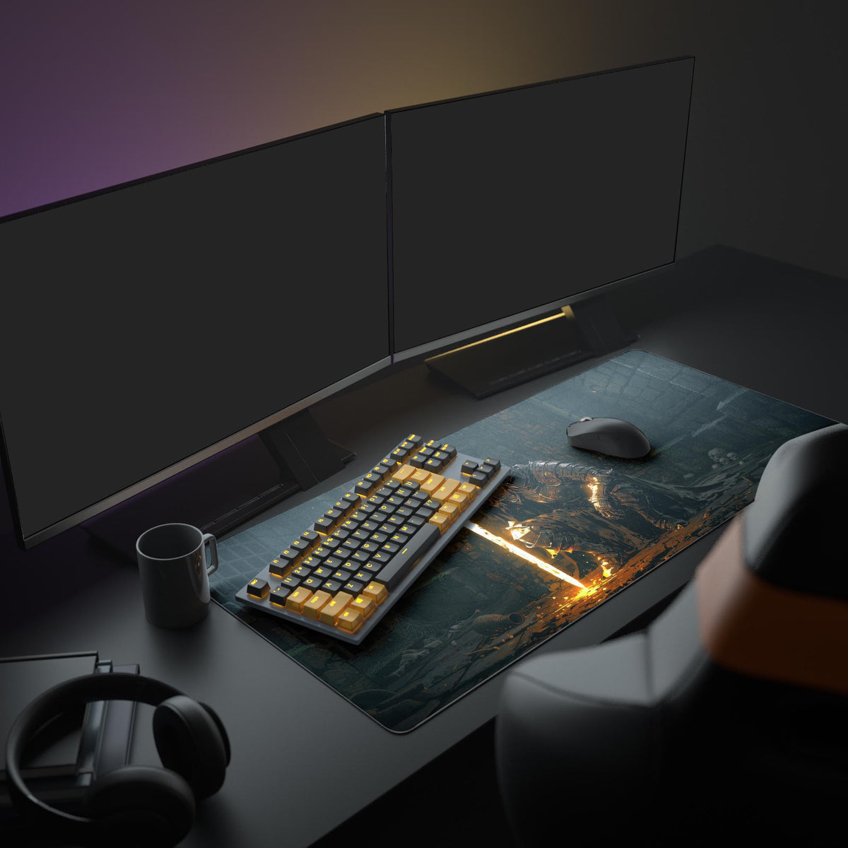 gaming desk mat with dark fantasy sword design under mechanical keyboard and mouse - Epic Design Pads & Mousepads