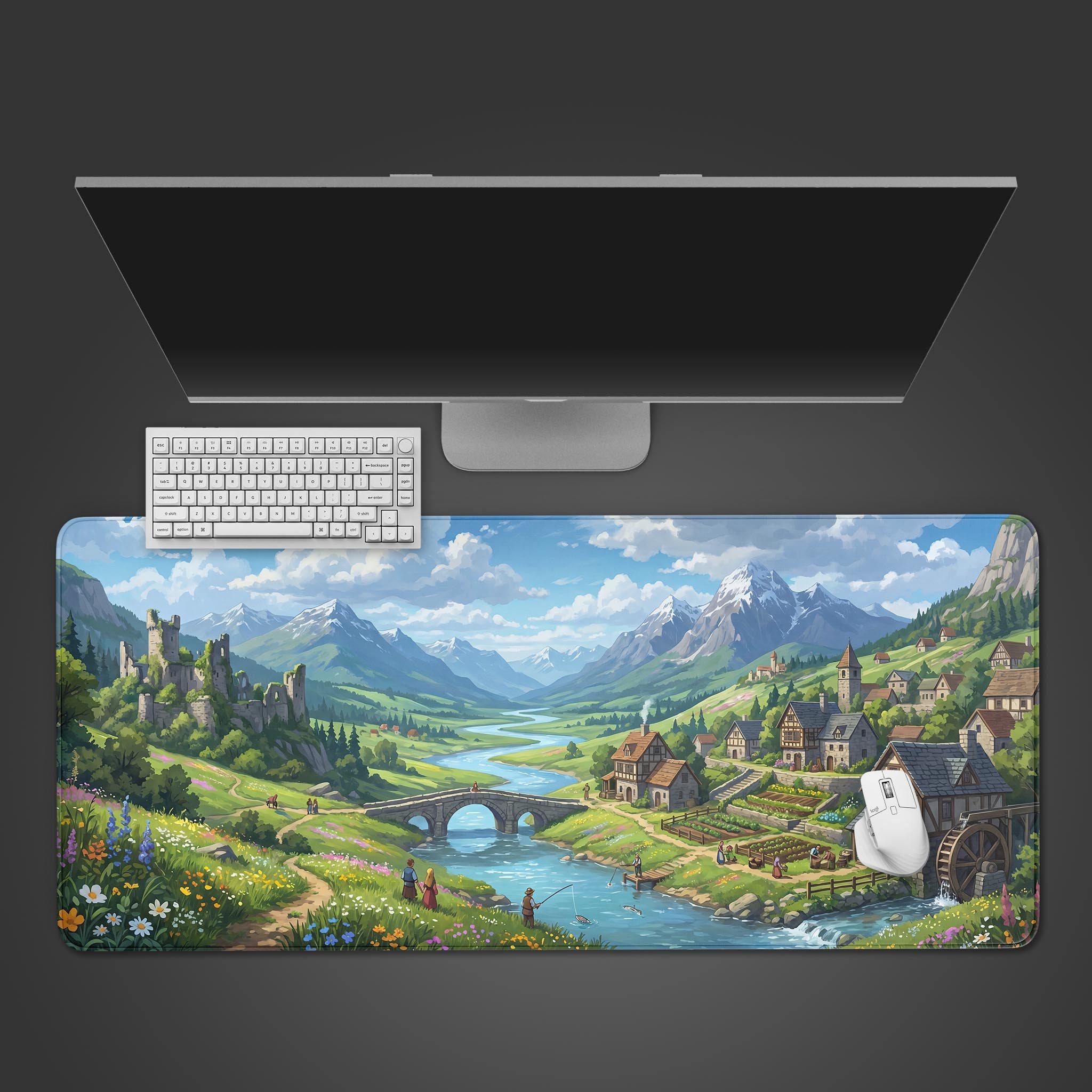 Idyllic fantasy village desk mat featuring a river, stone bridge, and rolling hills
