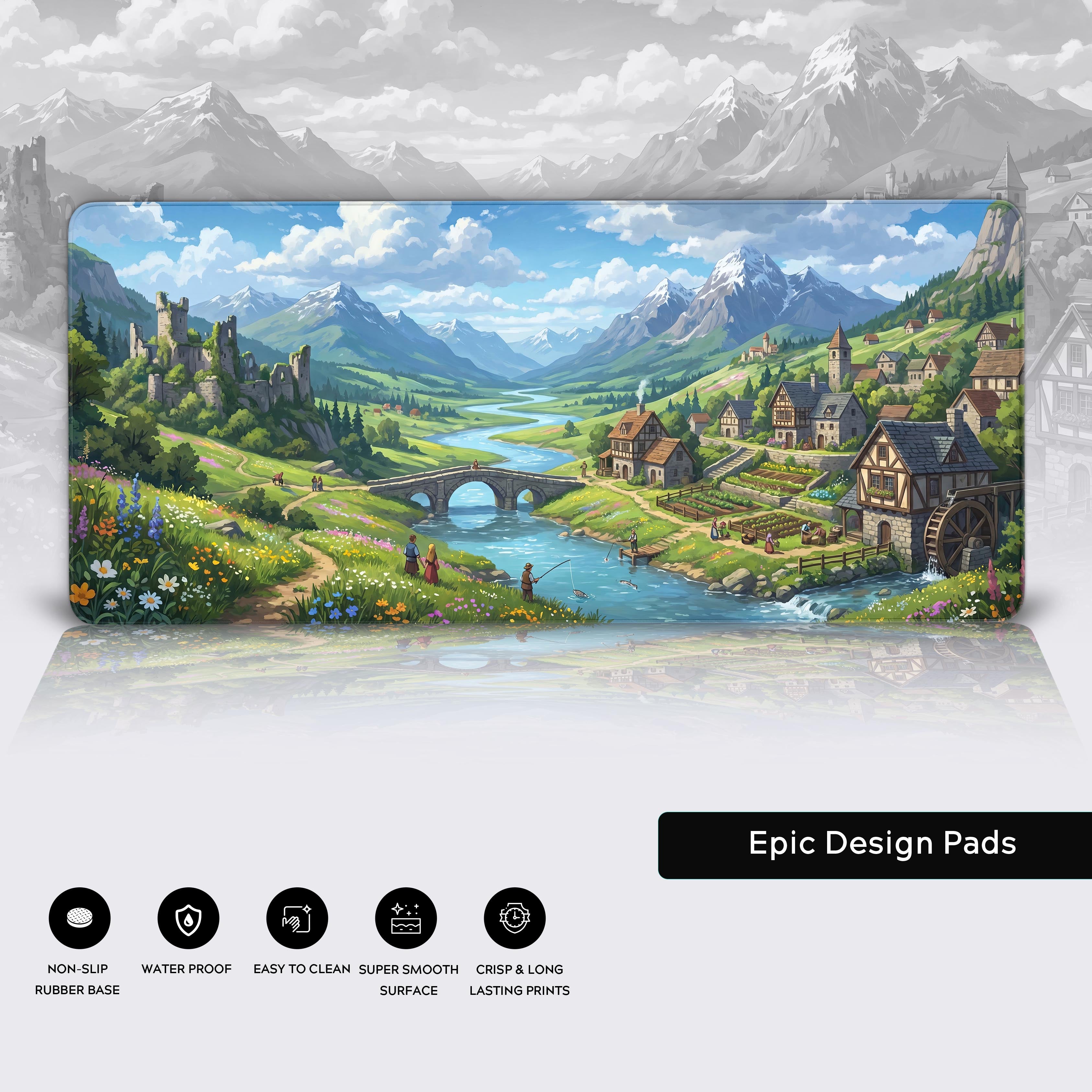 Peaceful medieval town desk mat transforming a gaming setup aesthetic