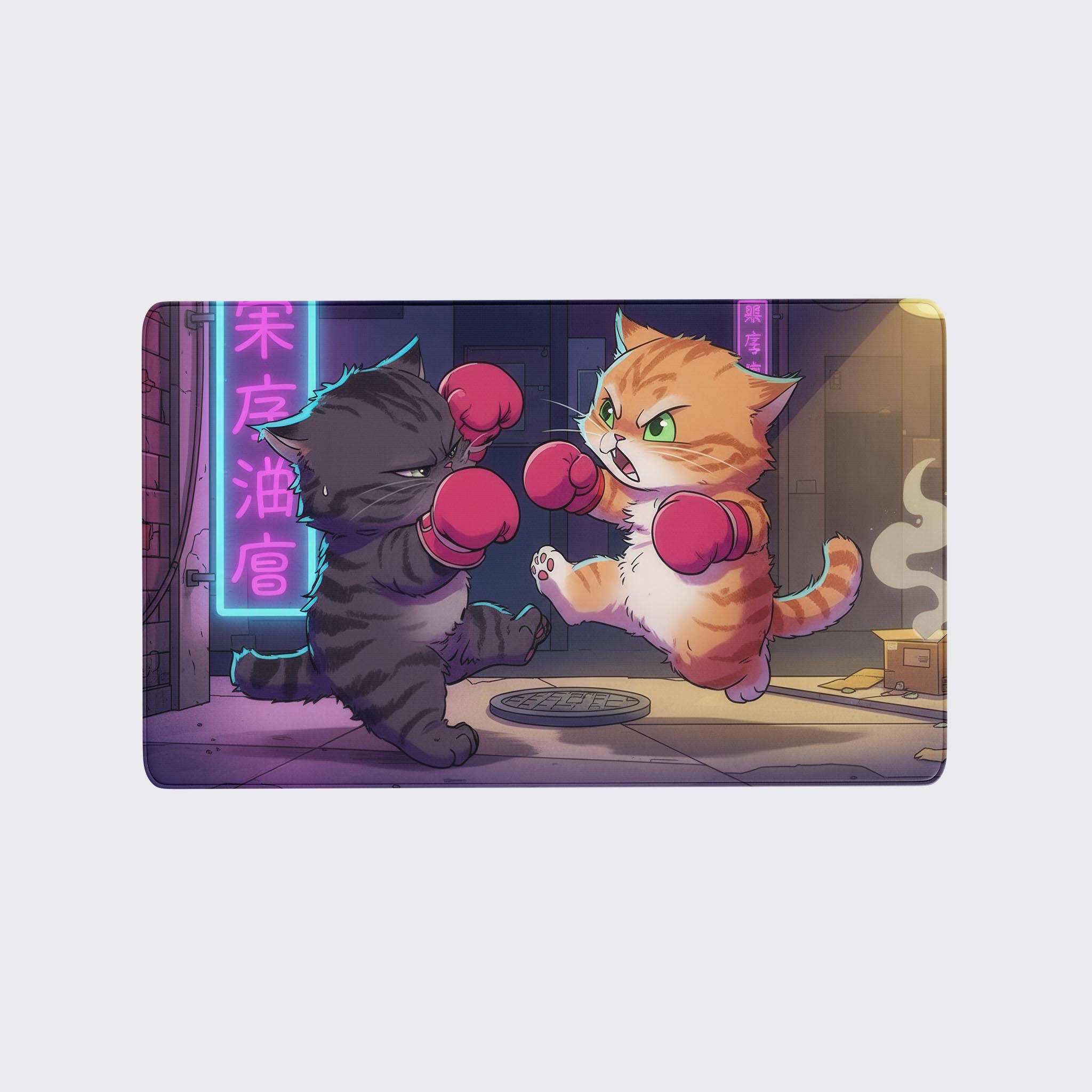 Feline Fisticuffs desk mat featuring cartoon tabby kittens in a comical boxing match with neon urban background - Epic Design Pads & Mousepads