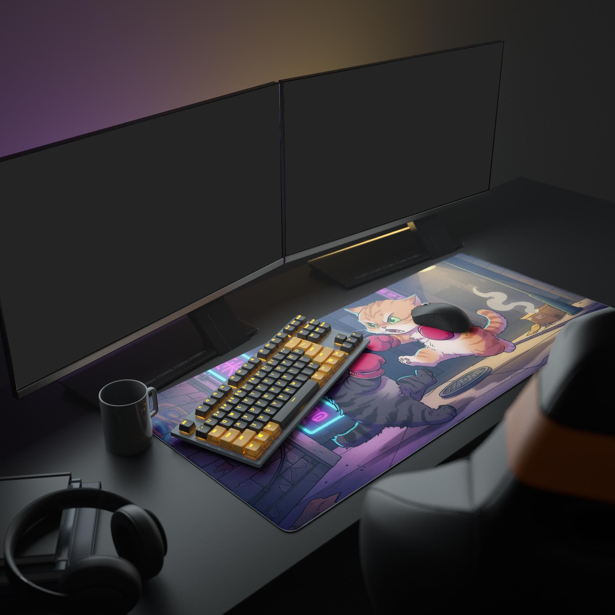 feline fisticuffs gaming desk mat featuring cartoon boxing kittens in urban neon setting - Epic Design Pads & Mousepads