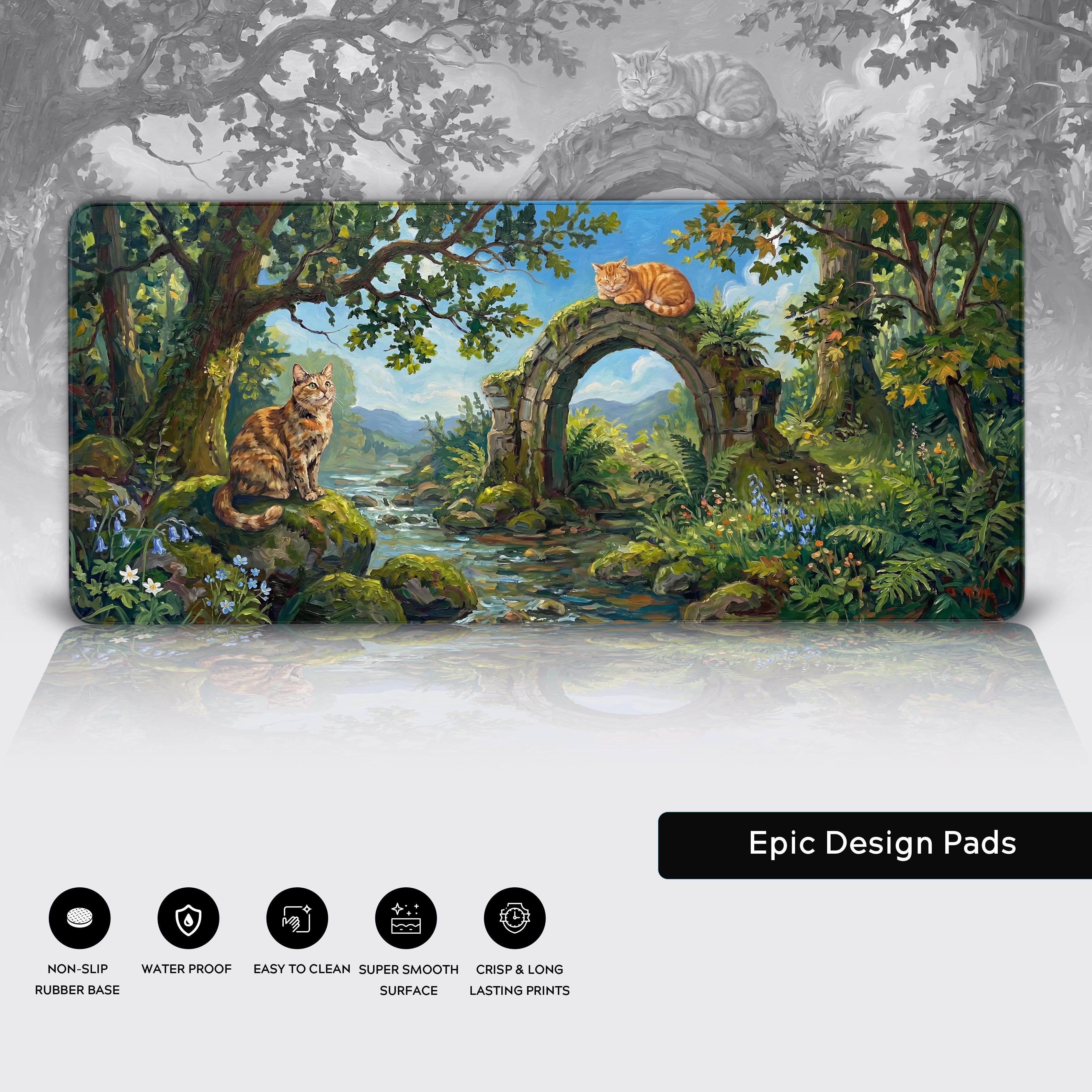 Feline Forest Sanctuary desk mat shown with its premium features including non-slip rubber base, waterproof surface, and crisp lasting prints