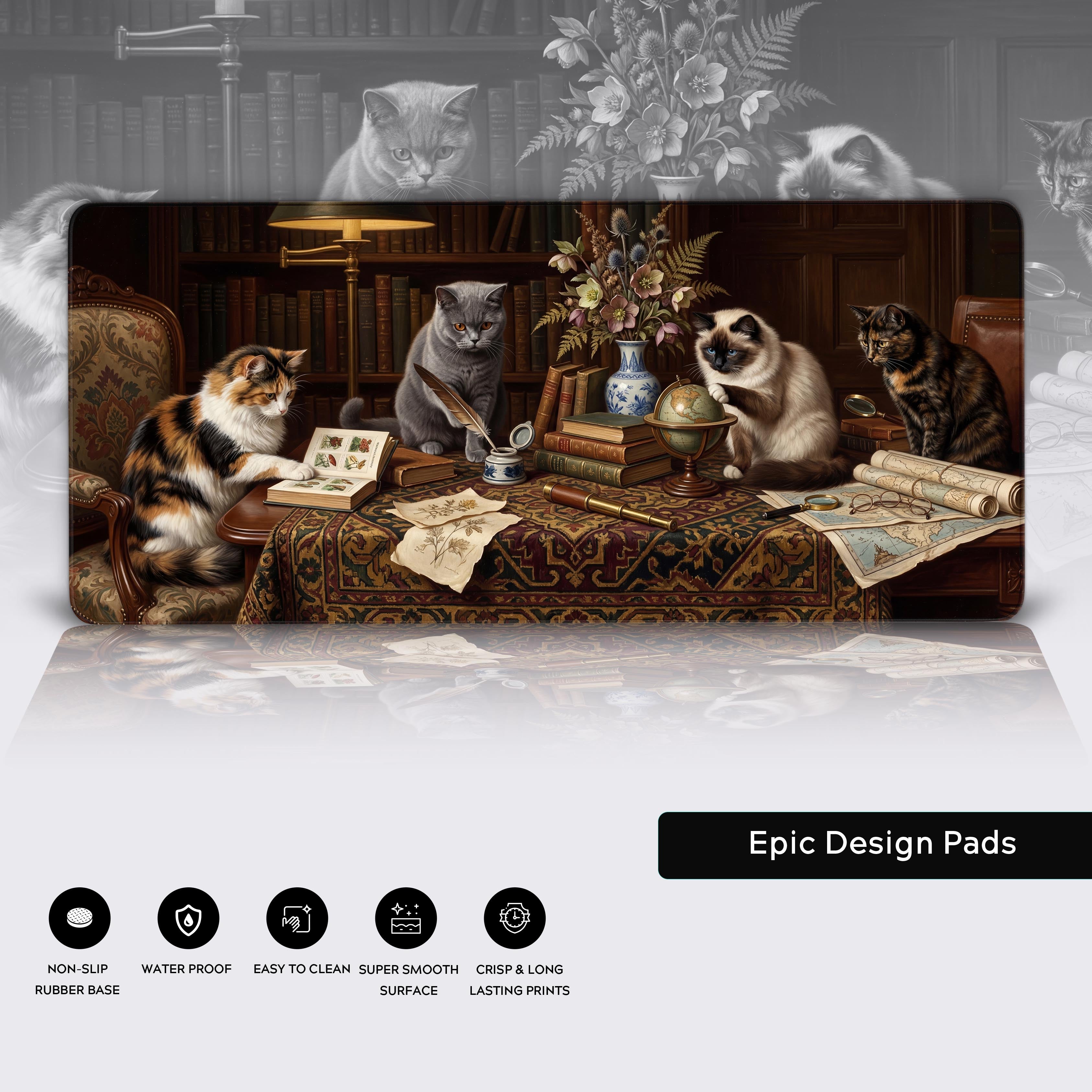 Epic Design Pads features including non-slip base and waterproof surface icons